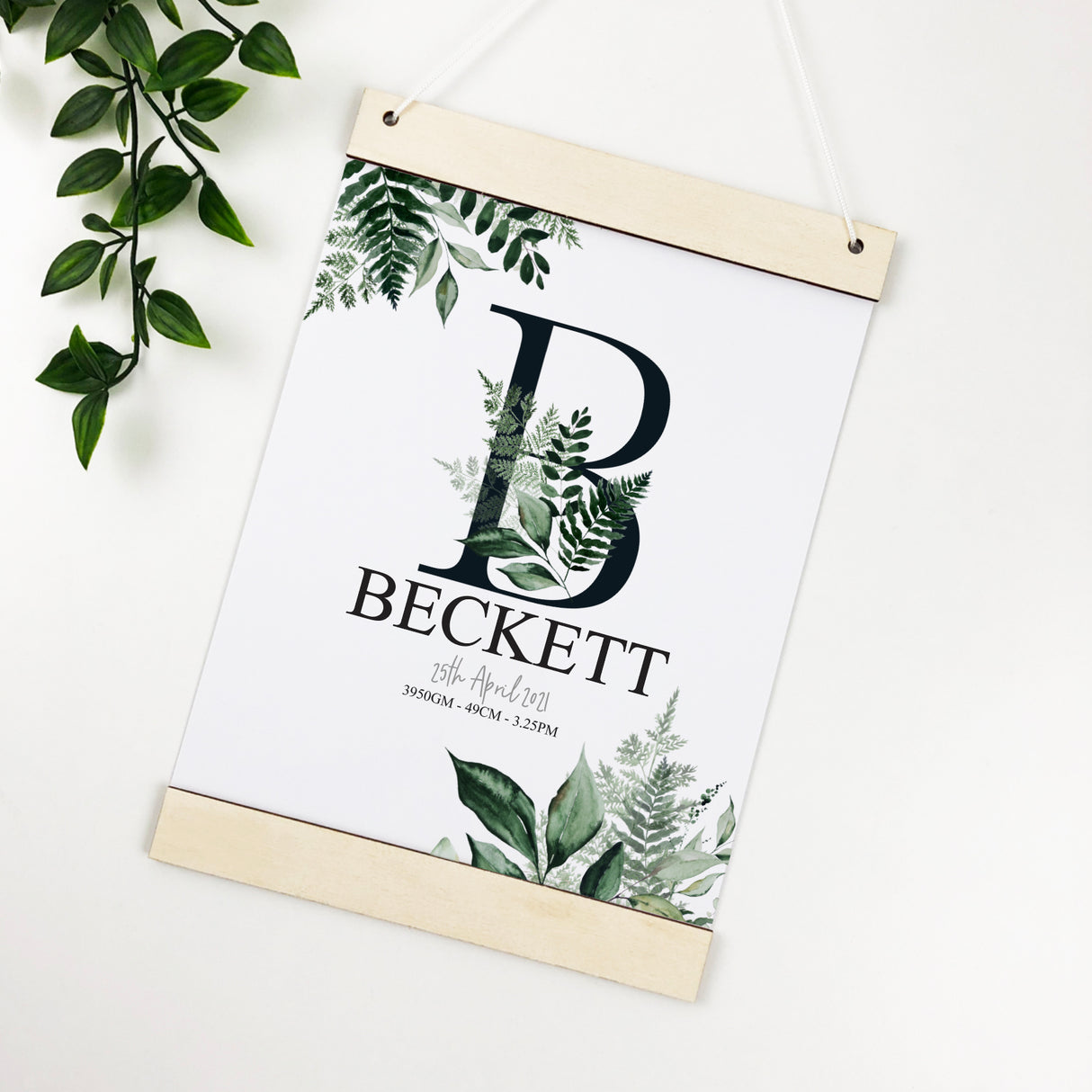 Ferns Initial Wooden Hanger Birth Print