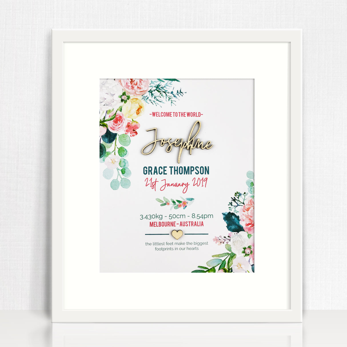 Bamboo (2 colour options) Watercolour Blooms 3D Personalised Birth Print