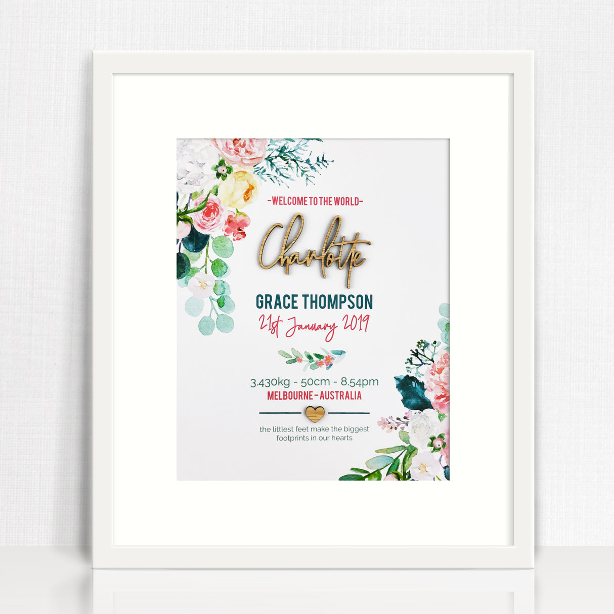 Bamboo (2 colour options) Watercolour Blooms 3D Personalised Birth Print
