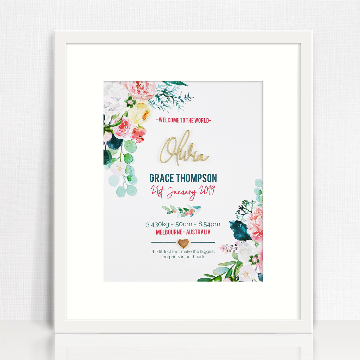 Mirror (Gold) Watercolour Blooms 3D Personalised Birth Print