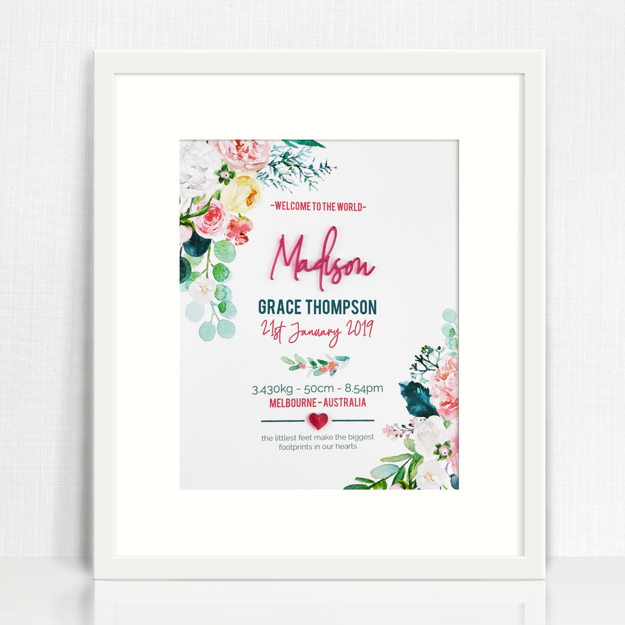 Mirror (Pink) Watercolour Blooms 3D Personalised Birth Print