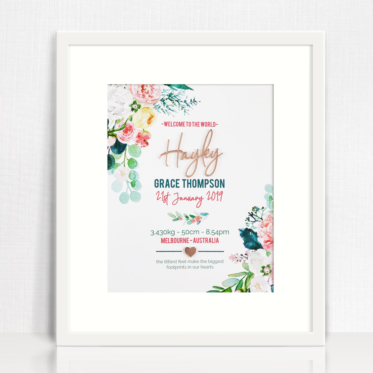 Mirror (Rose Gold) Watercolour Blooms 3D Personalised Birth Print