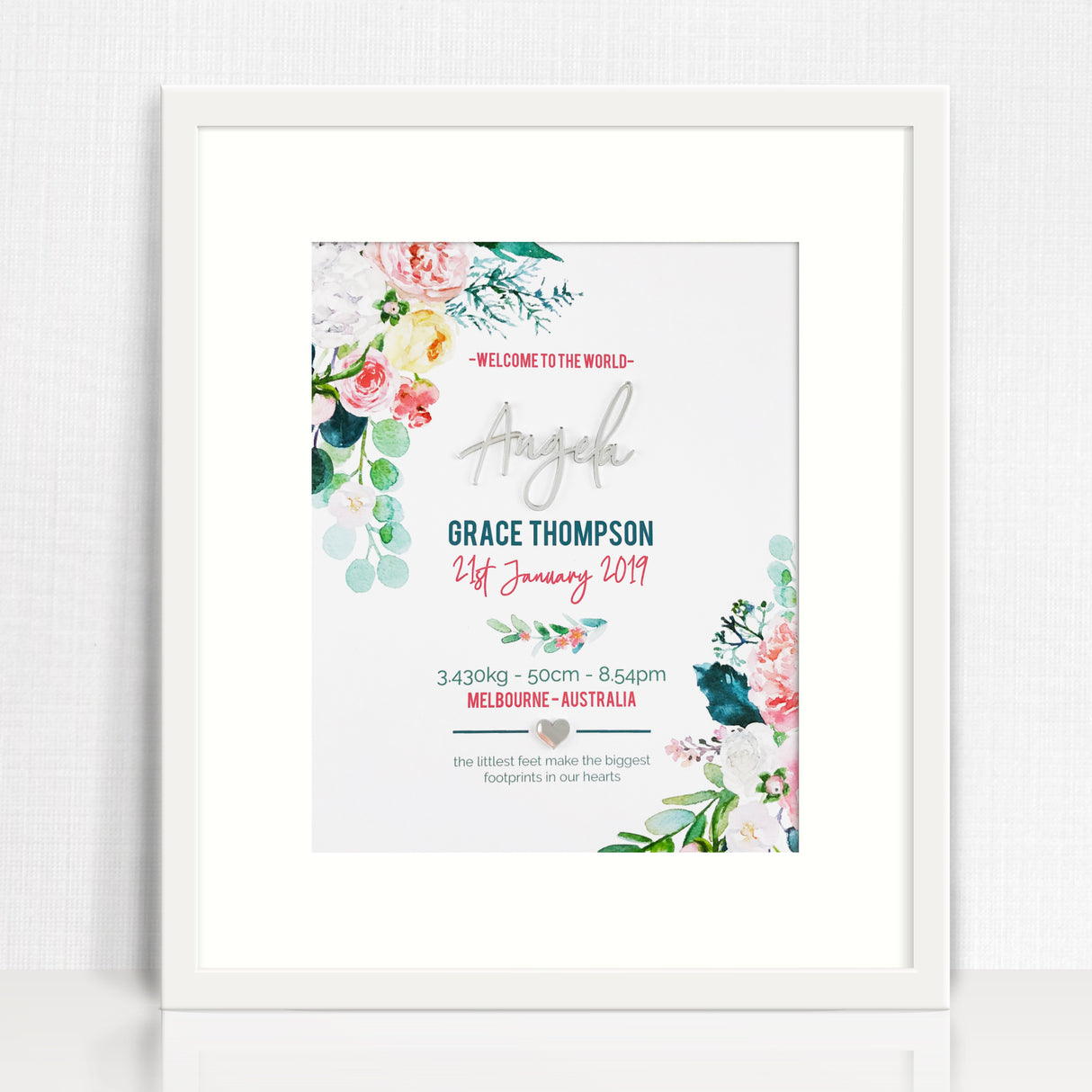 Mirror (Silver) Watercolour Blooms 3D Personalised Birth Print
