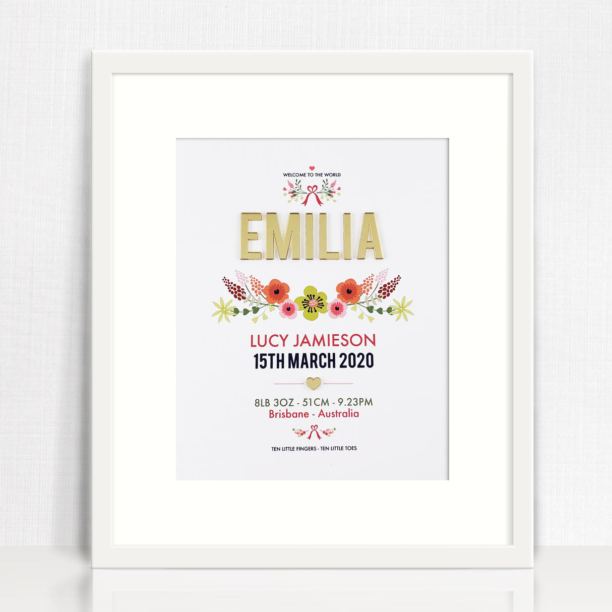 Mirror (Gold) Vintage Floral 3D Personalised Birth Print