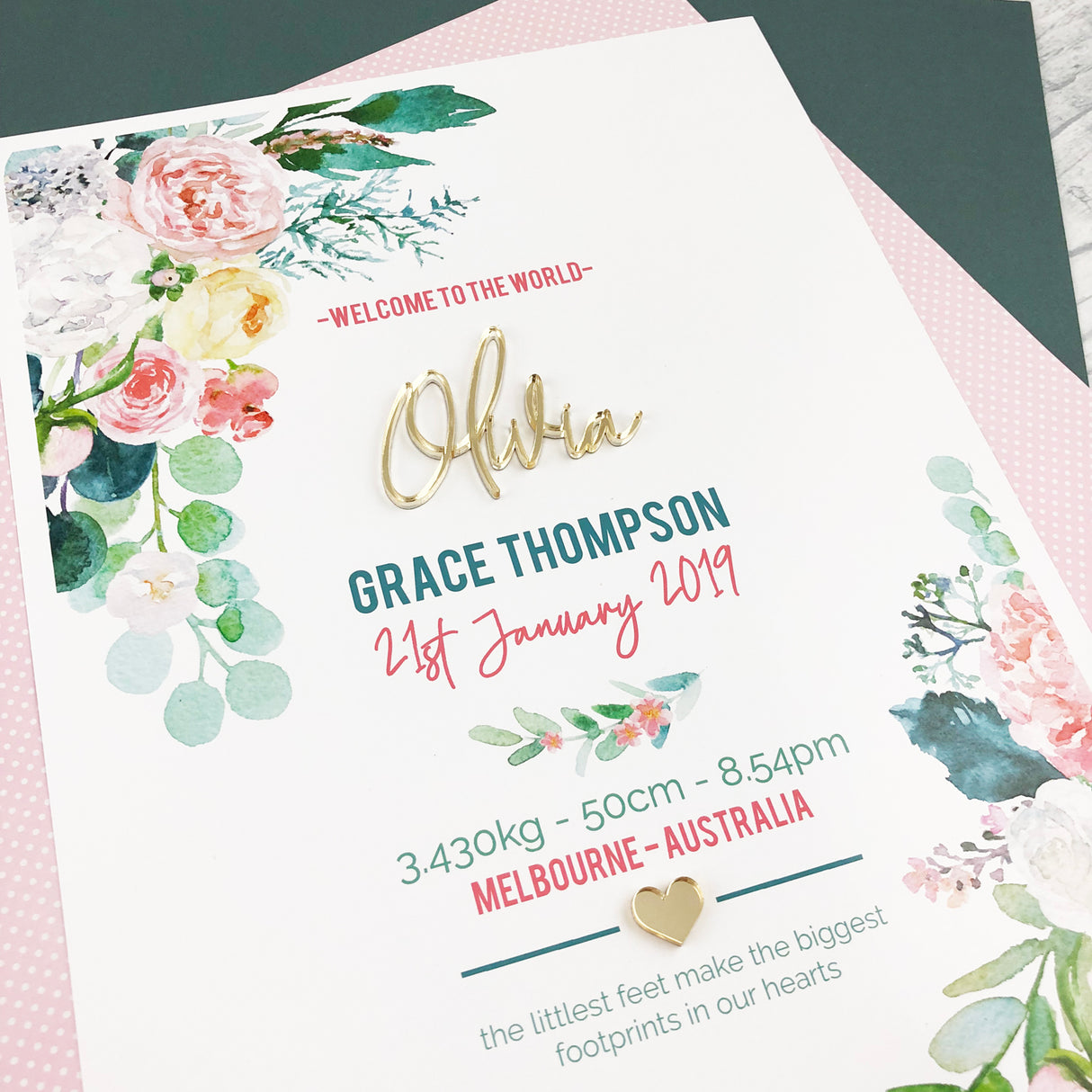 Mirror (Gold) Watercolour Blooms 3D Personalised Birth Print