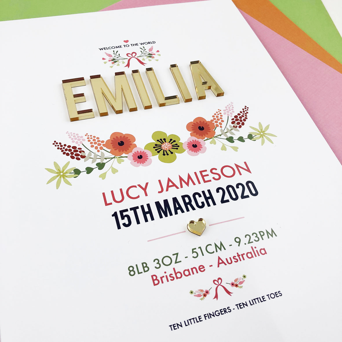 Mirror (Gold) Vintage Floral 3D Personalised Birth Print