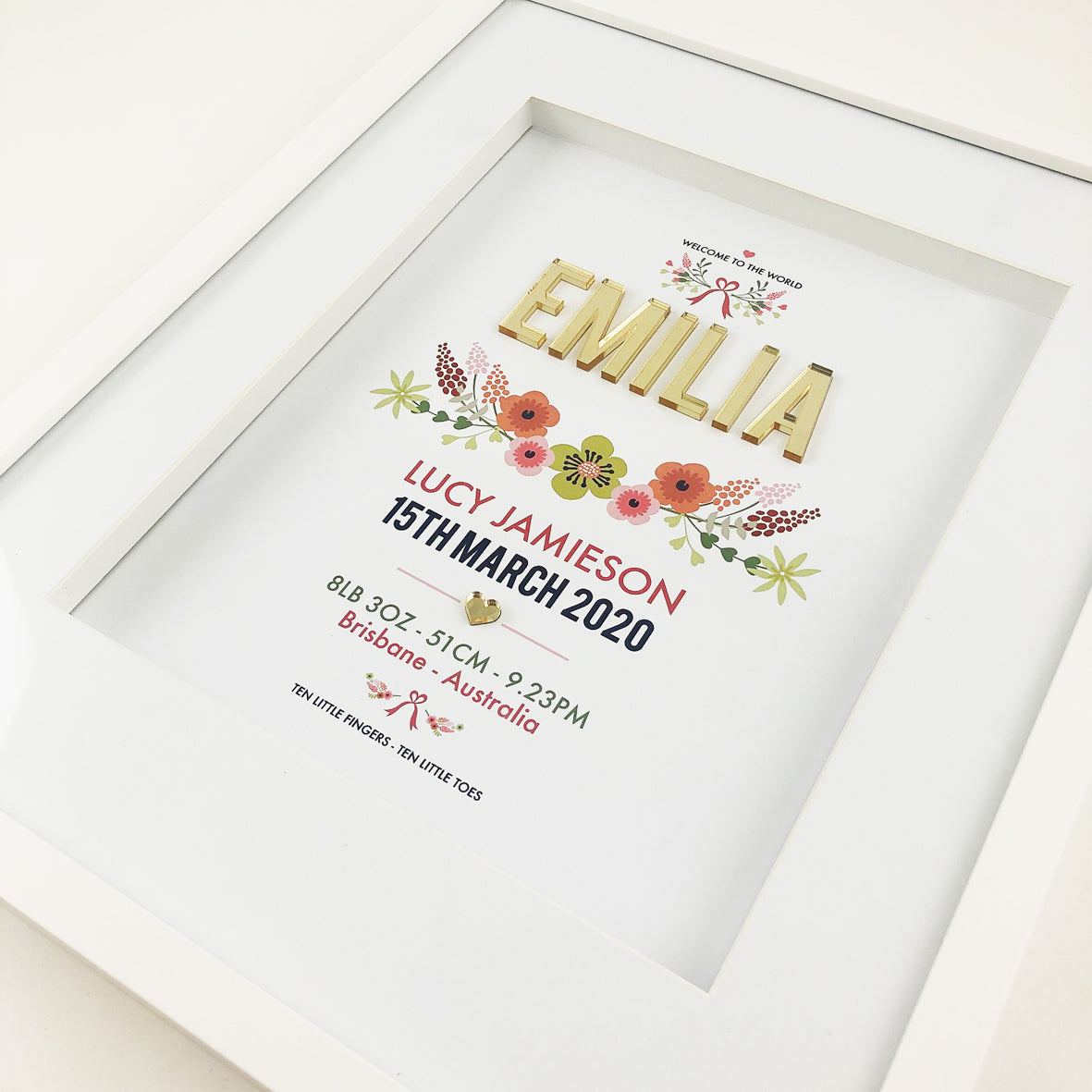 Mirror (Gold) Vintage Floral 3D Personalised Birth Print