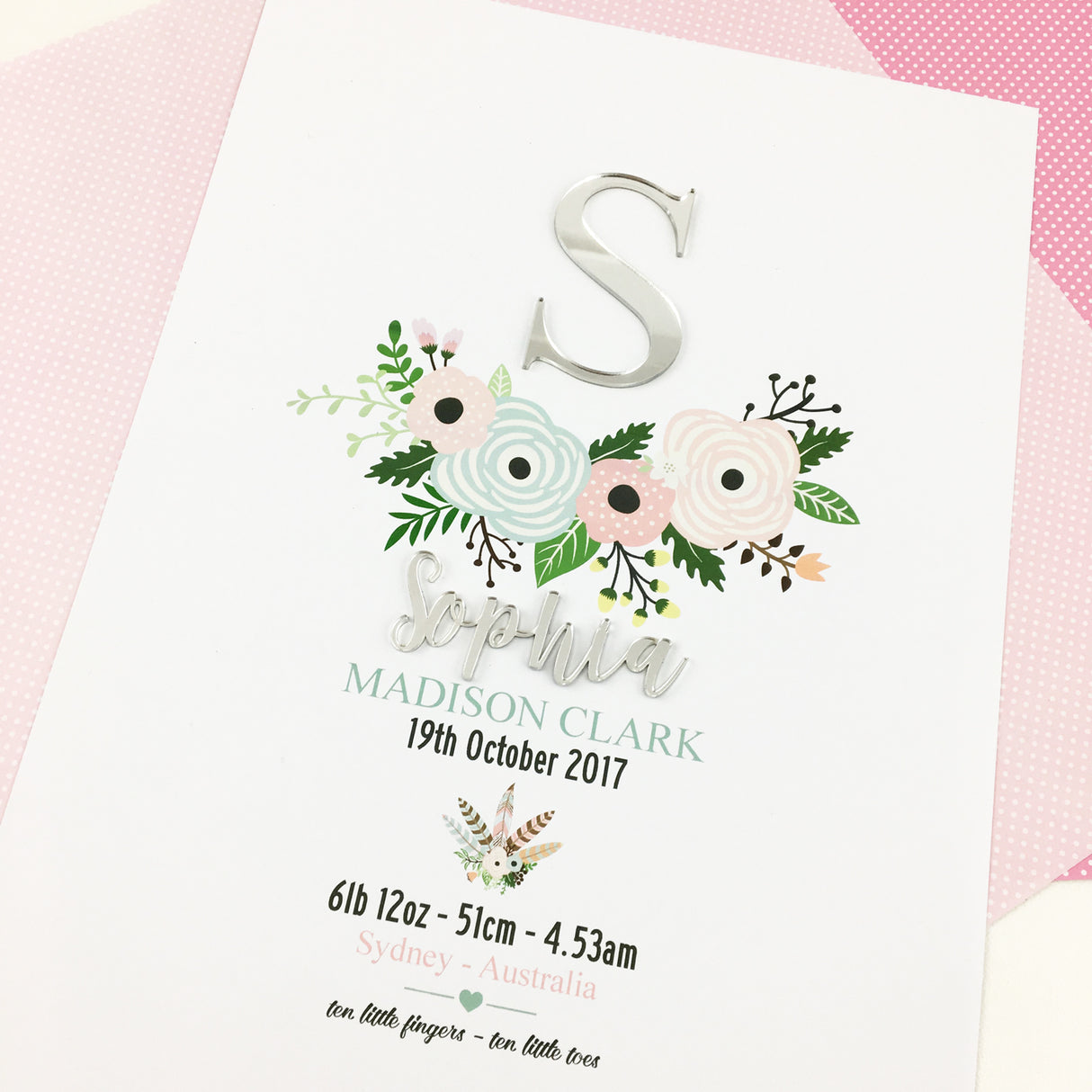 Mirror (Silver) Flowers Personalised 3D Birth Print