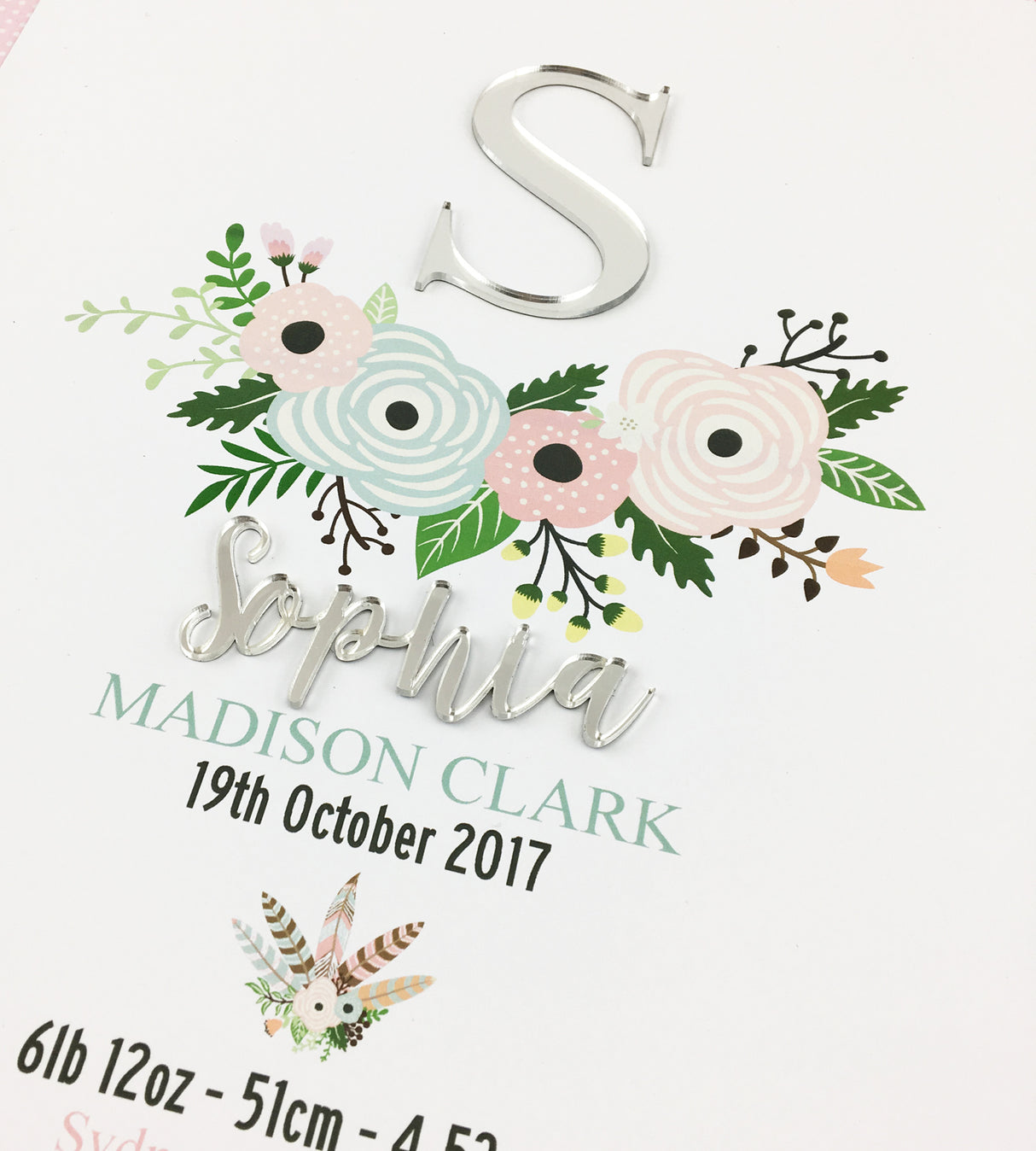 Mirror (Silver) Flowers Personalised 3D Birth Print