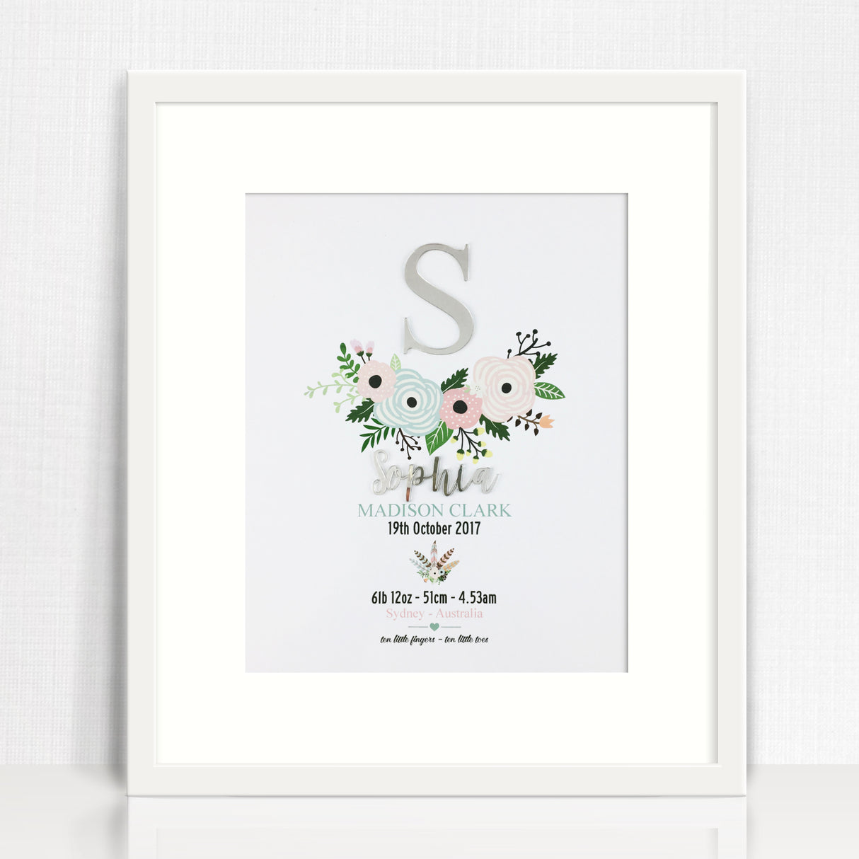 Mirror (Silver) Flowers Personalised 3D Birth Print