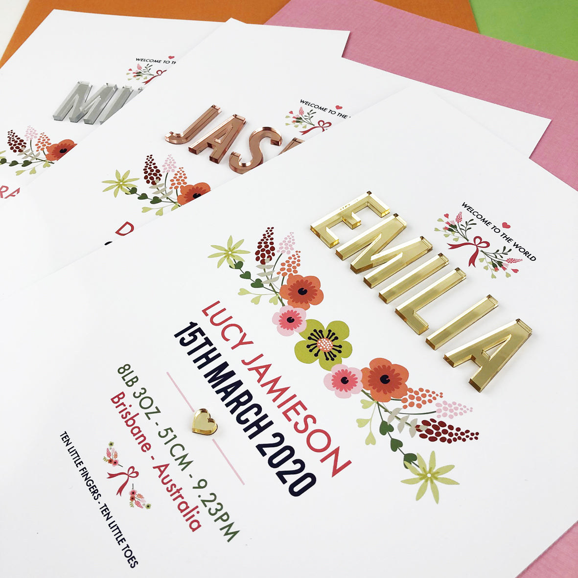 Mirror (Rose Gold) Vintage Floral 3D Personalised Birth Print