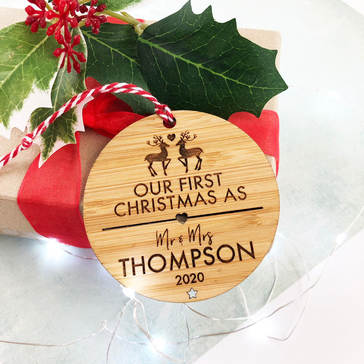 Mr and Mrs First Christmas Bamboo Ornament
