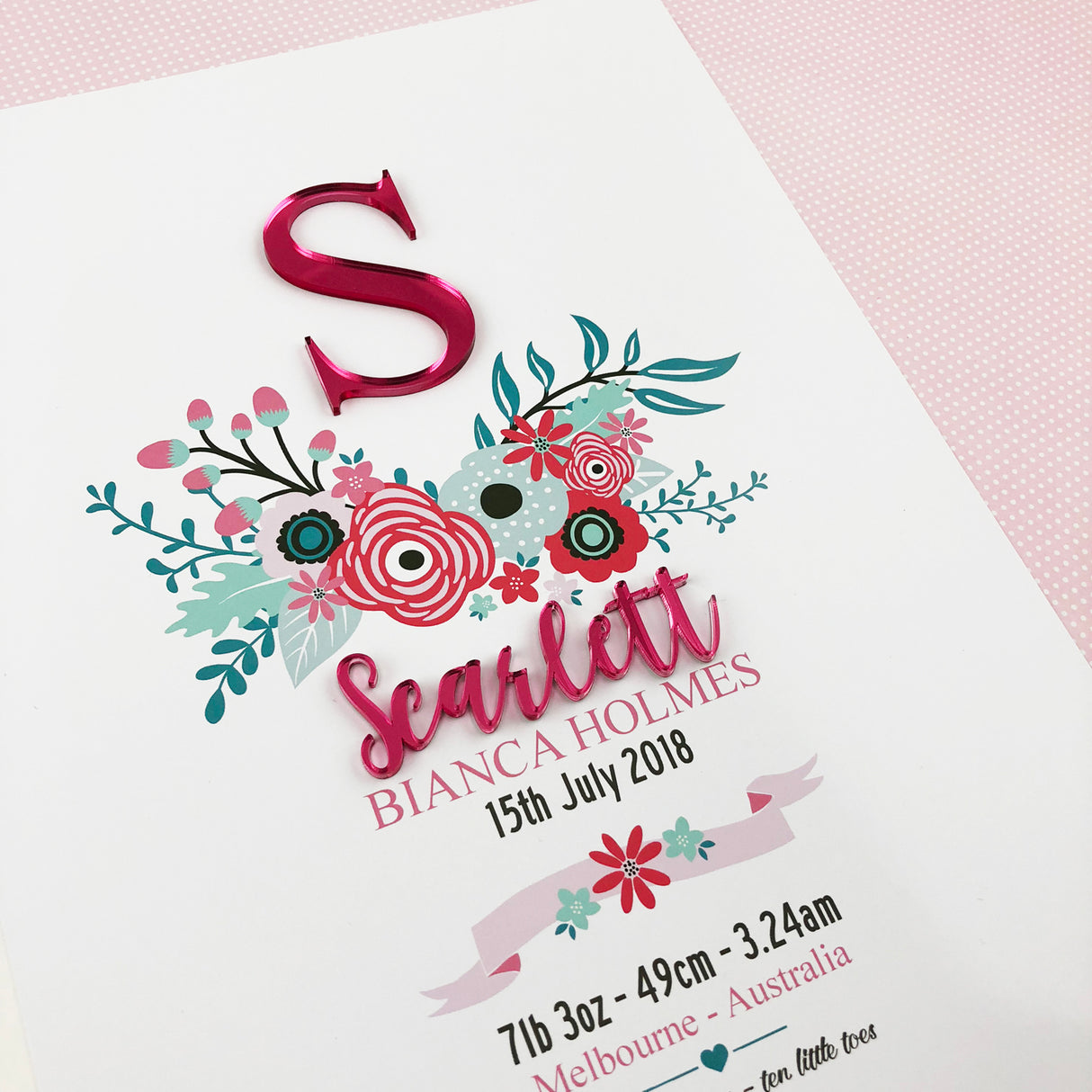Mirror (Pink) Bright Flowers 3D Personalised Birth Print