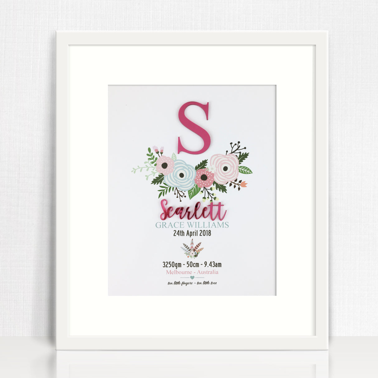 Mirror (Pink) Flowers 3D Personalised Birth Print