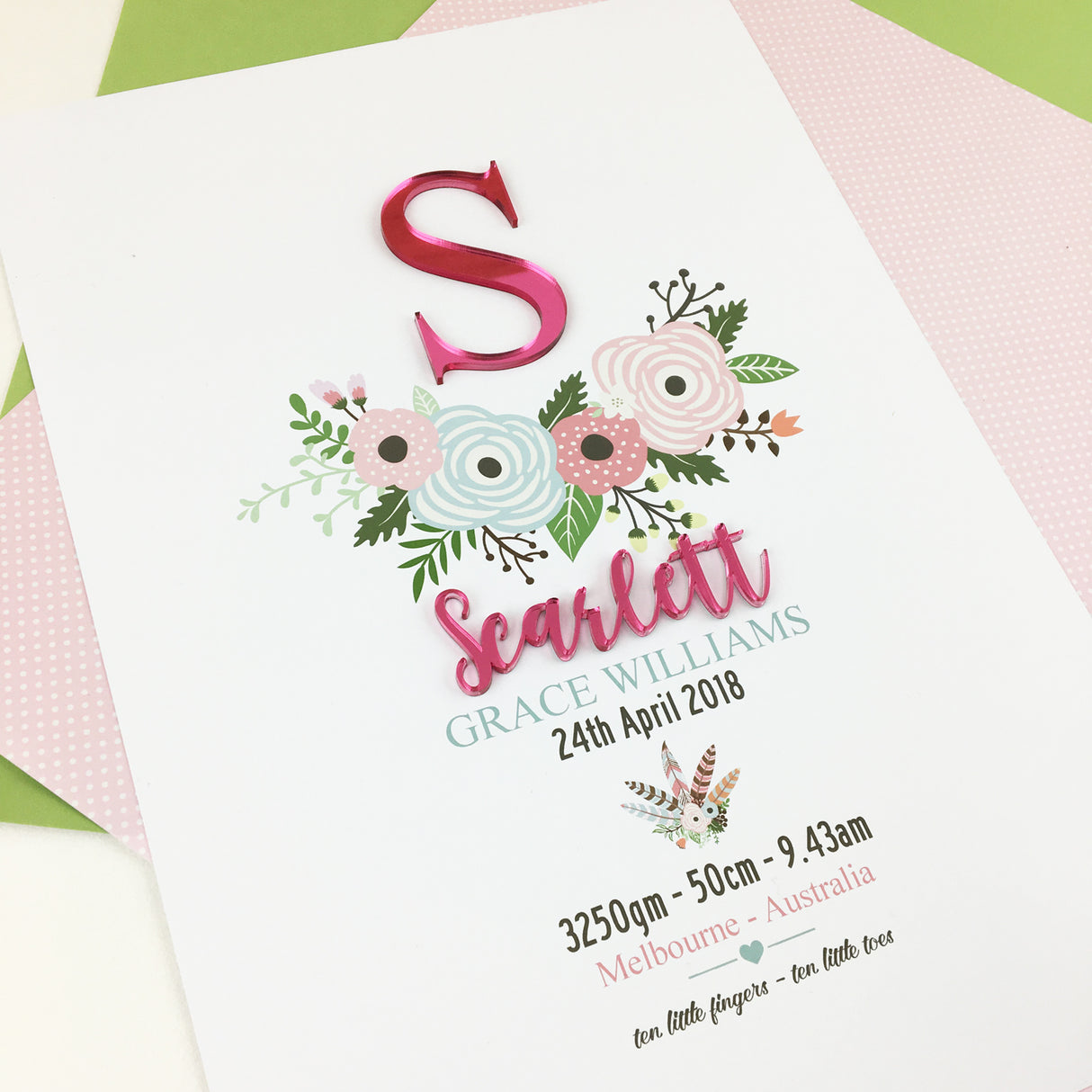Mirror (Pink) Flowers 3D Personalised Birth Print