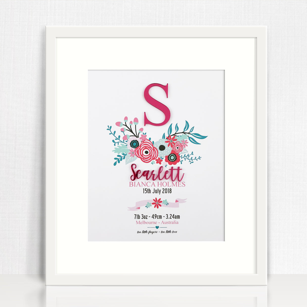 Mirror (Pink) Bright Flowers 3D Personalised Birth Print