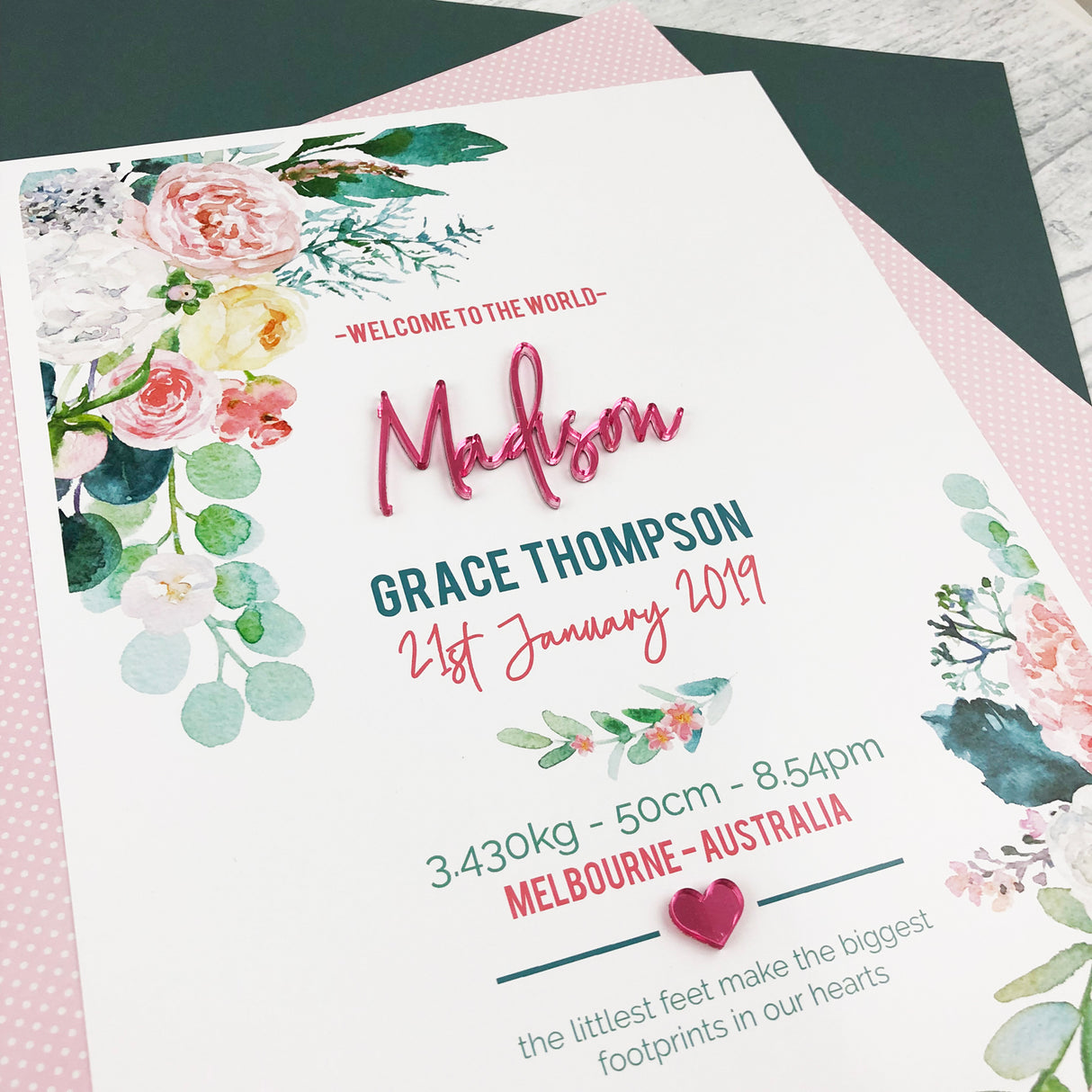 Mirror (Pink) Watercolour Blooms 3D Personalised Birth Print