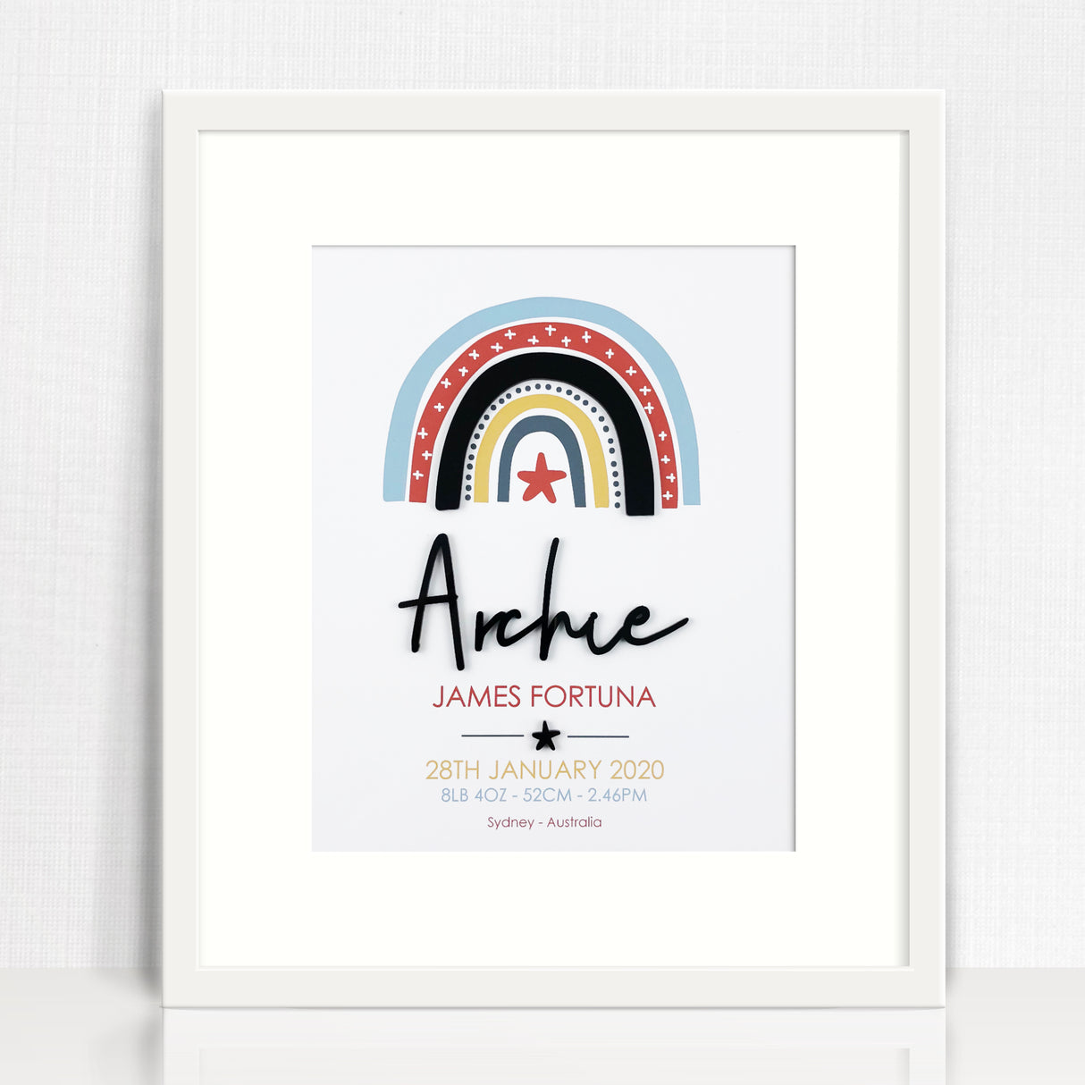 Acrylic (Black) Boys Rainbow 3D Personalised Birth Print