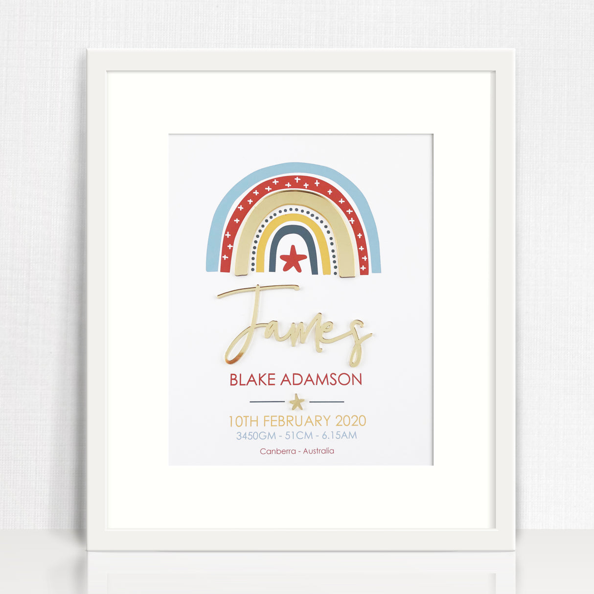 Mirror (Gold) Boys Rainbow 3D Personalised Birth Print