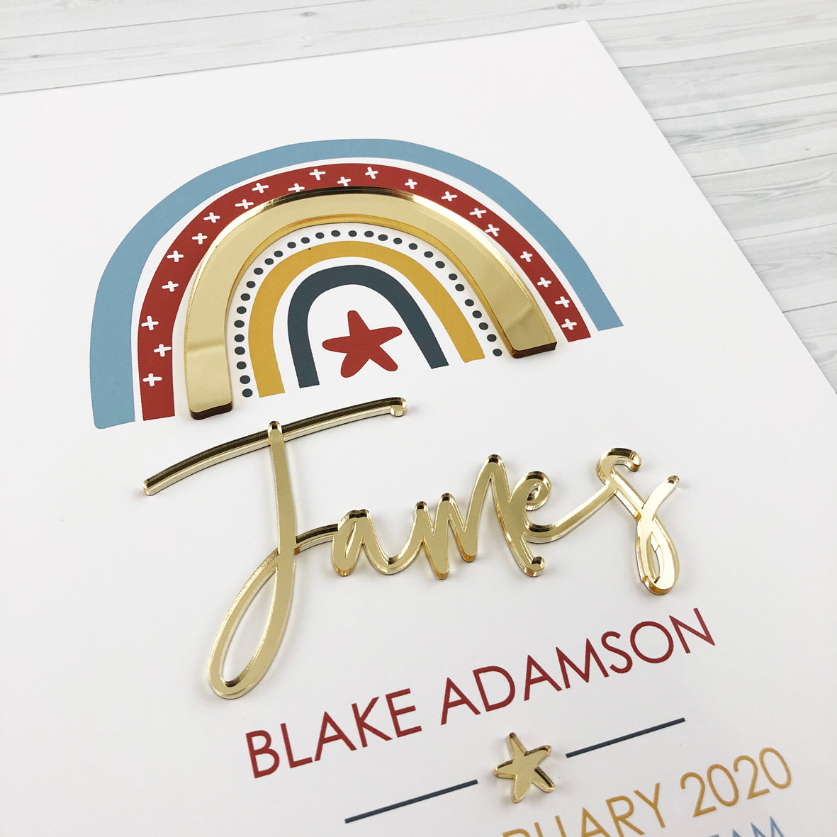 Mirror (Gold) Boys Rainbow 3D Personalised Birth Print