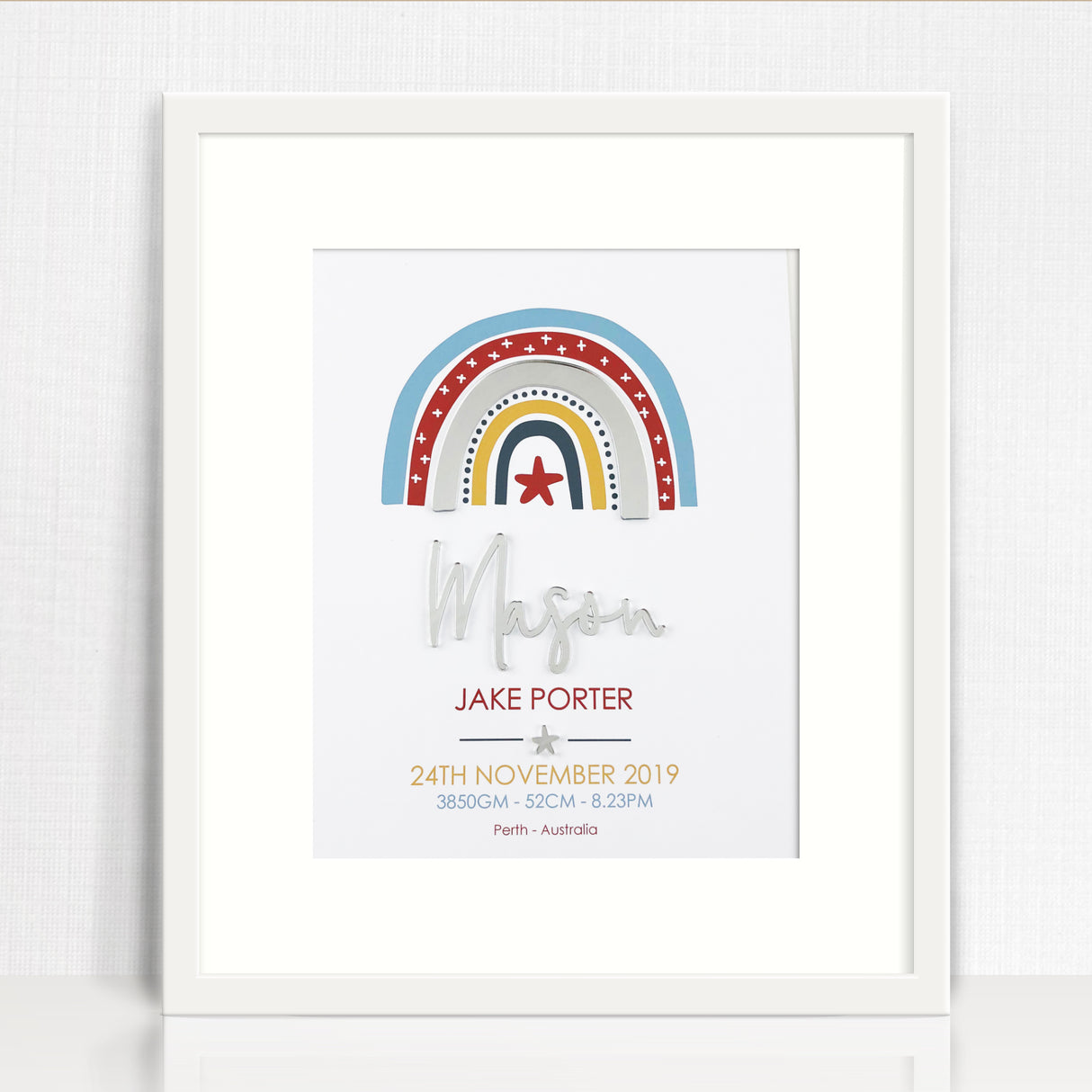 Mirror (Silver) Boys Rainbow 3D Personalised Birth Print
