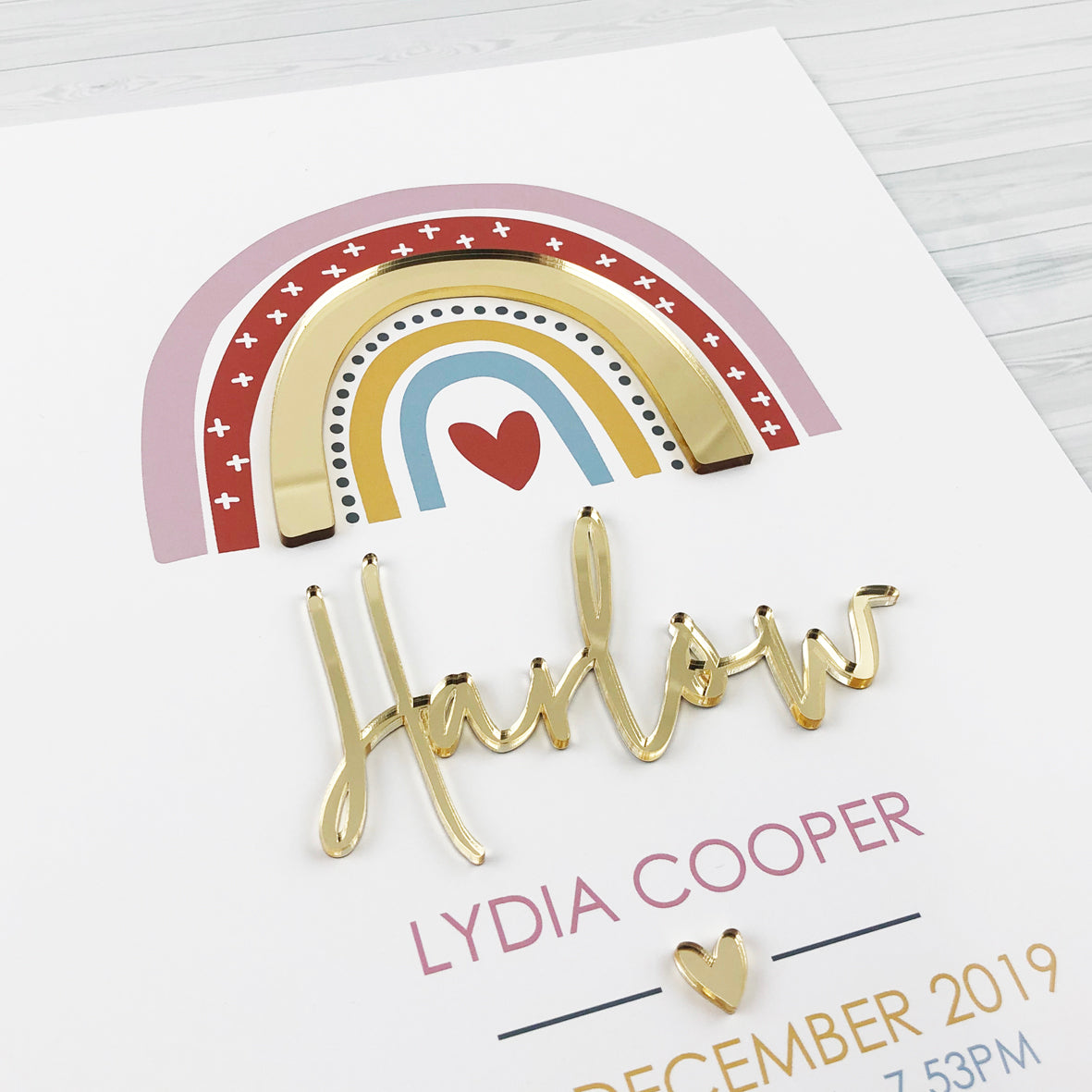 Mirror (Gold) Girls Rainbow 3D Personalised Birth Print