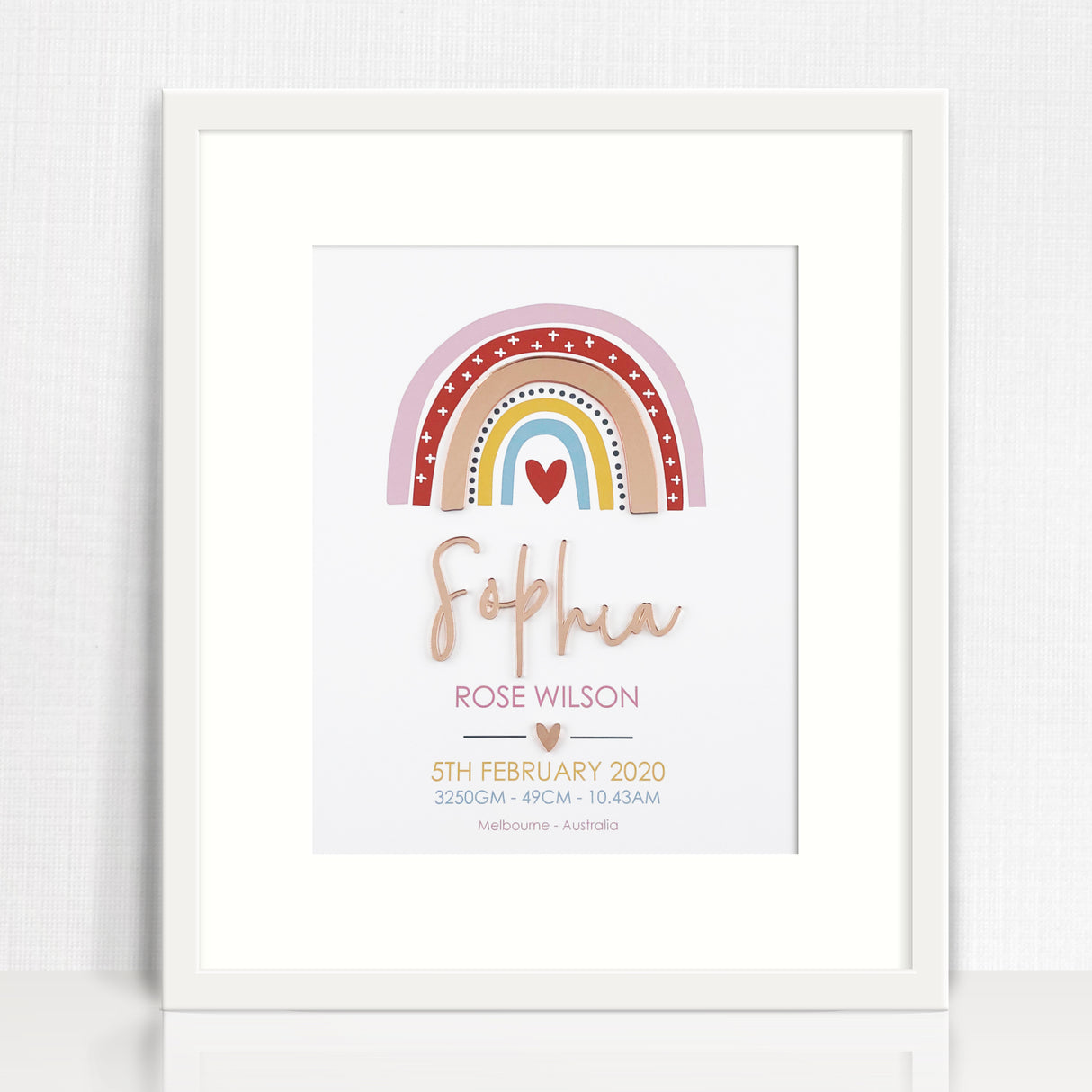 Mirror (Rose Gold) Girls Rainbow 3D Personalised Birth Print