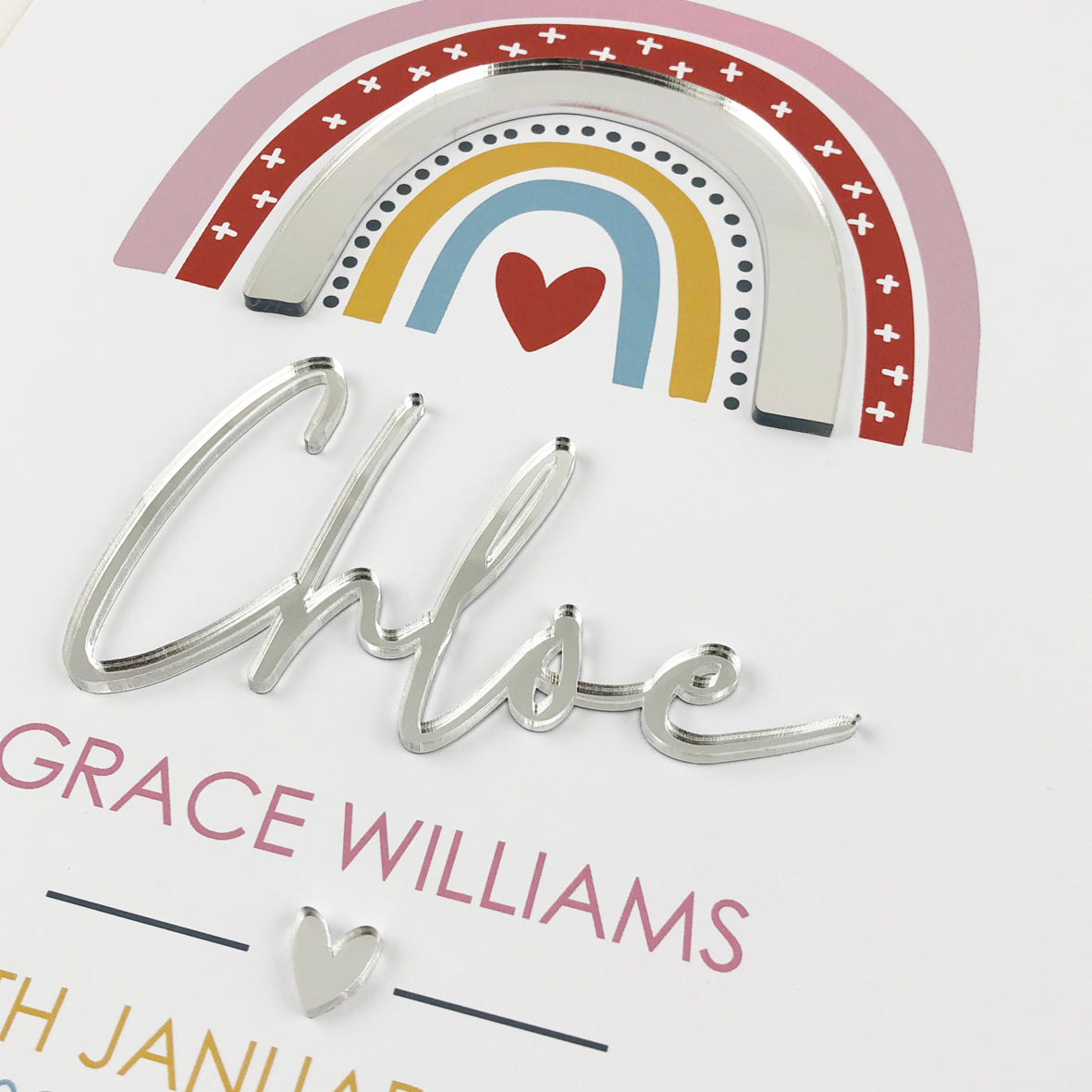 Mirror (Silver) Girls Rainbow 3D Personalised Birth Print