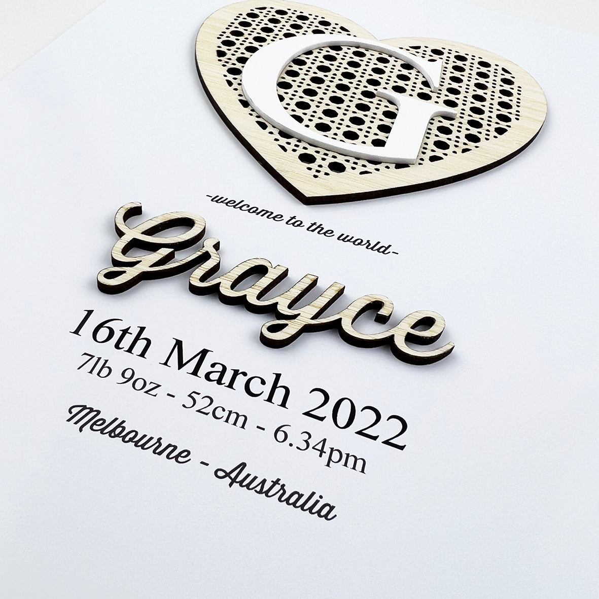 Bamboo (2 colour options) Heart Rattan 3D Personalised Birth Print