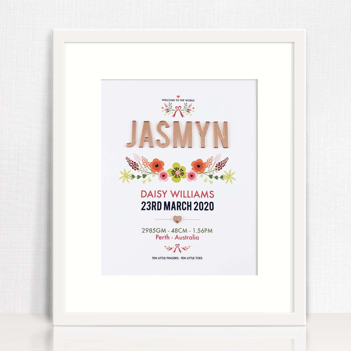 Mirror (Rose Gold) Vintage Floral 3D Personalised Birth Print