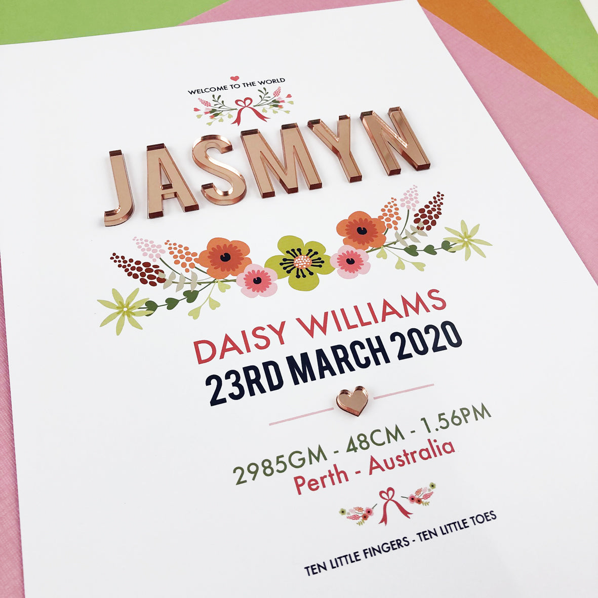 Mirror (Rose Gold) Vintage Floral 3D Personalised Birth Print