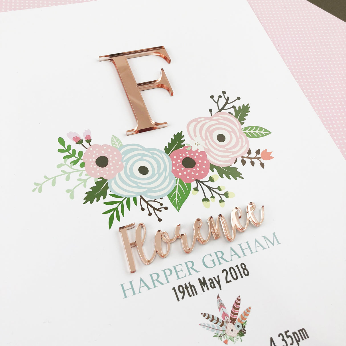 Mirror (Rose Gold) Flowers 3D Personalised Birth Print