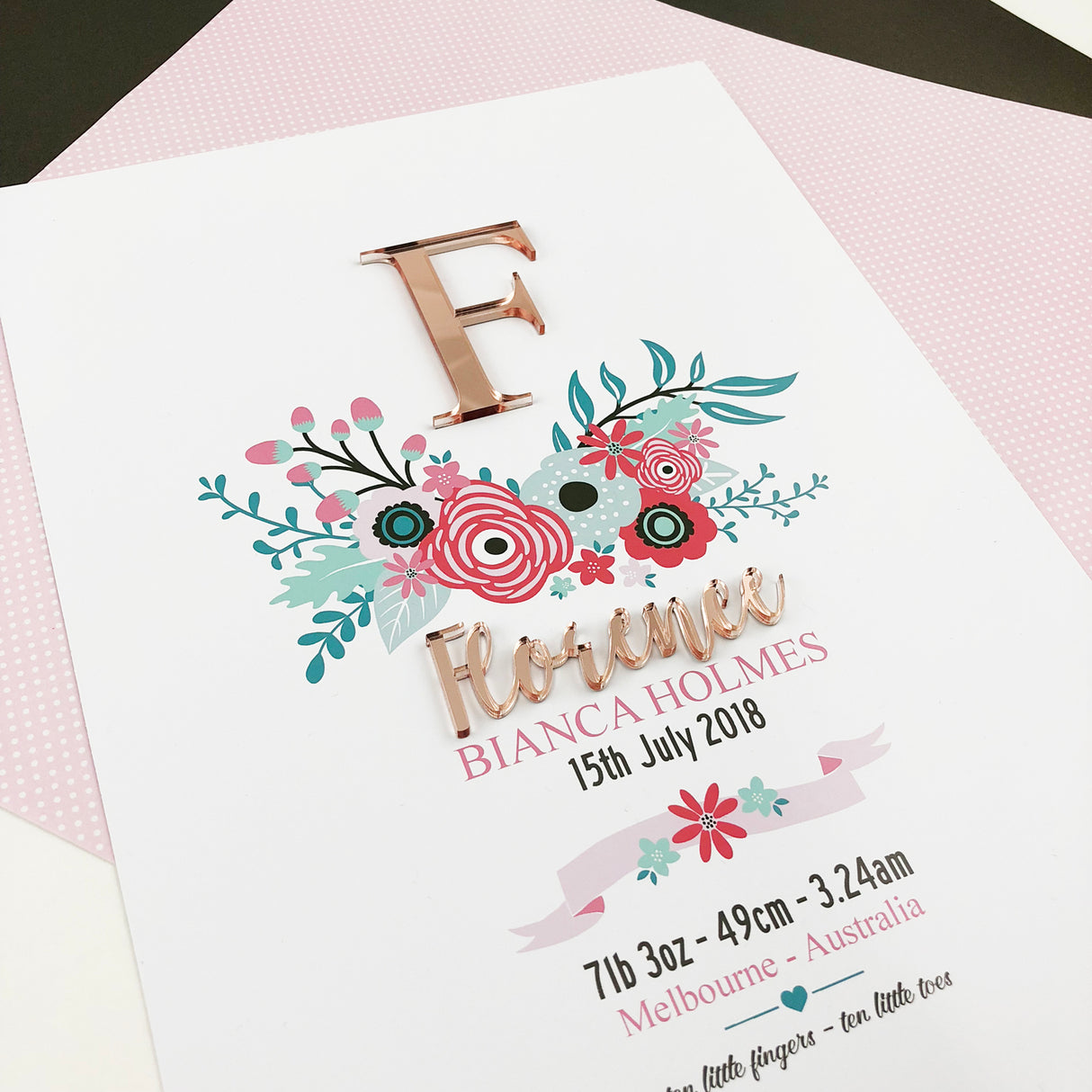 Mirror (Rose Gold) Bright Flowers 3D Personalised Birth Print