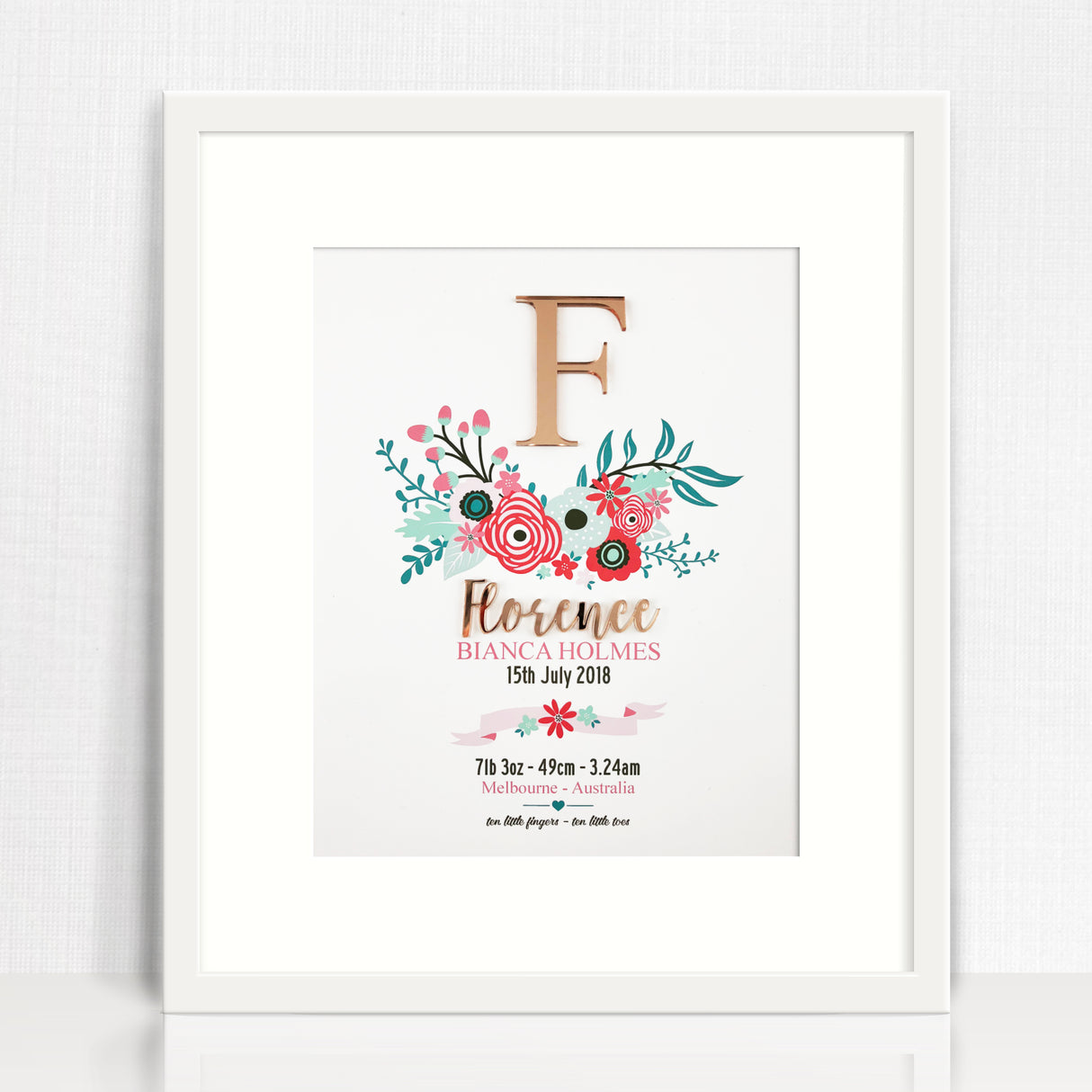 Mirror (Rose Gold) Bright Flowers 3D Personalised Birth Print