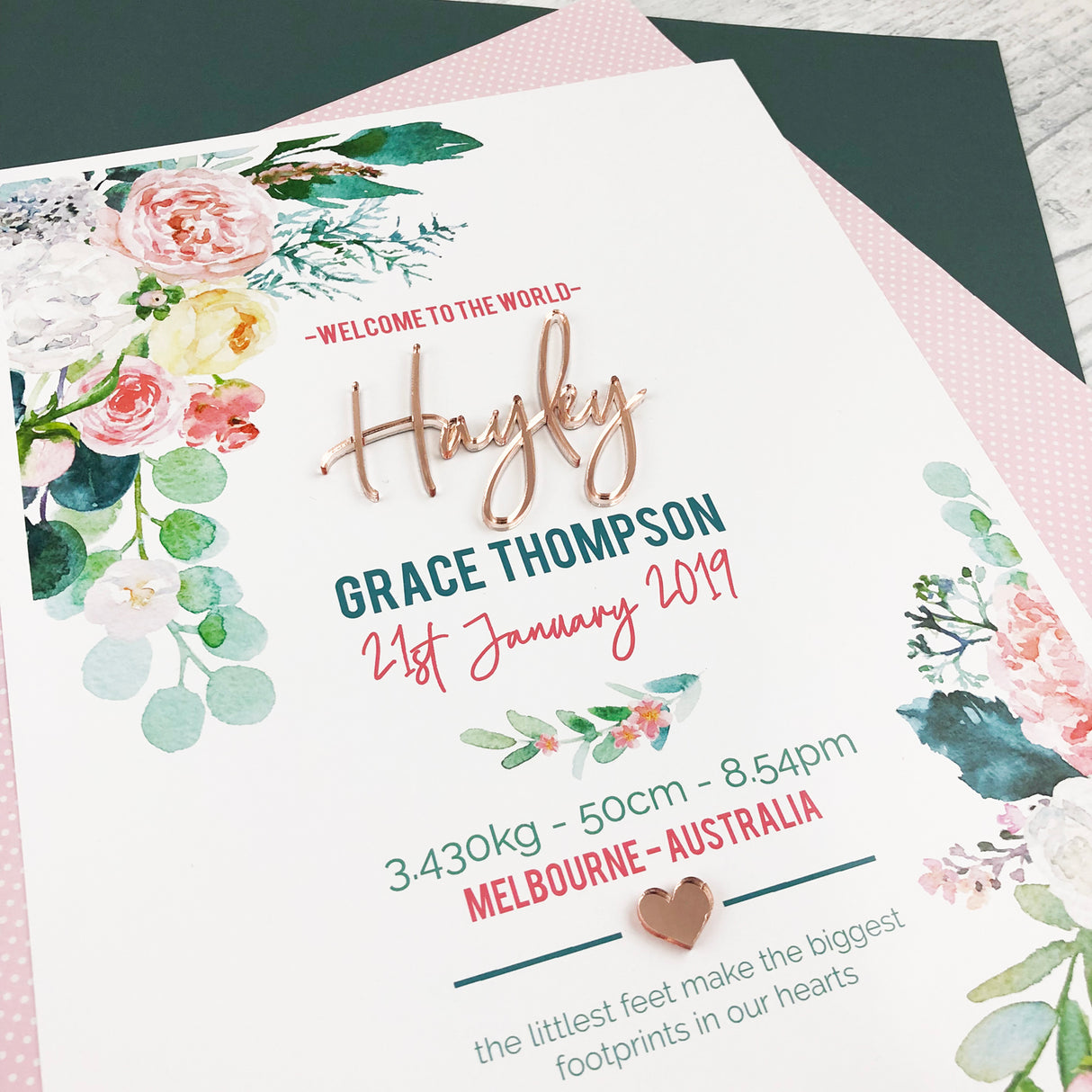 Mirror (Rose Gold) Watercolour Blooms 3D Personalised Birth Print