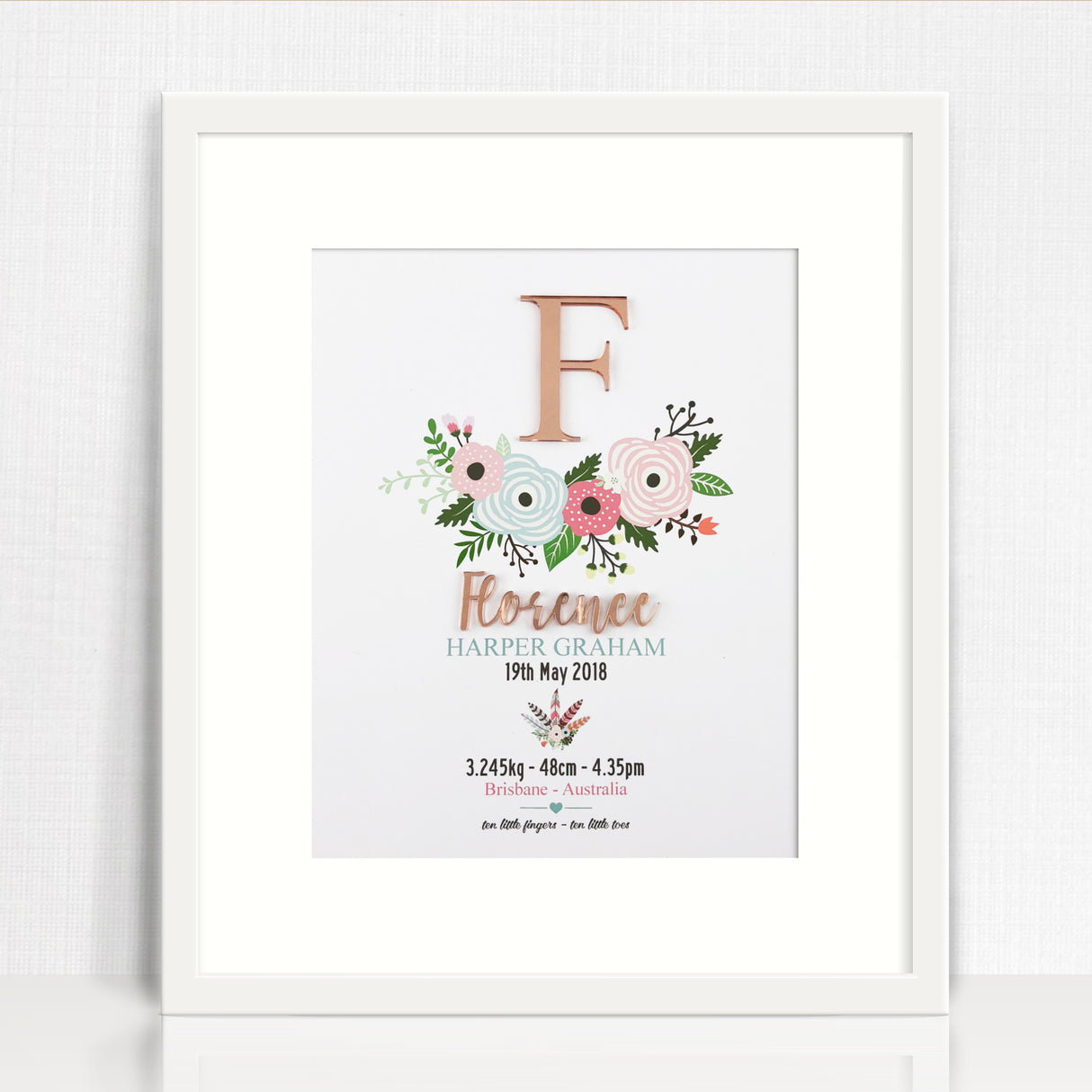 Mirror (Rose Gold) Flowers 3D Personalised Birth Print