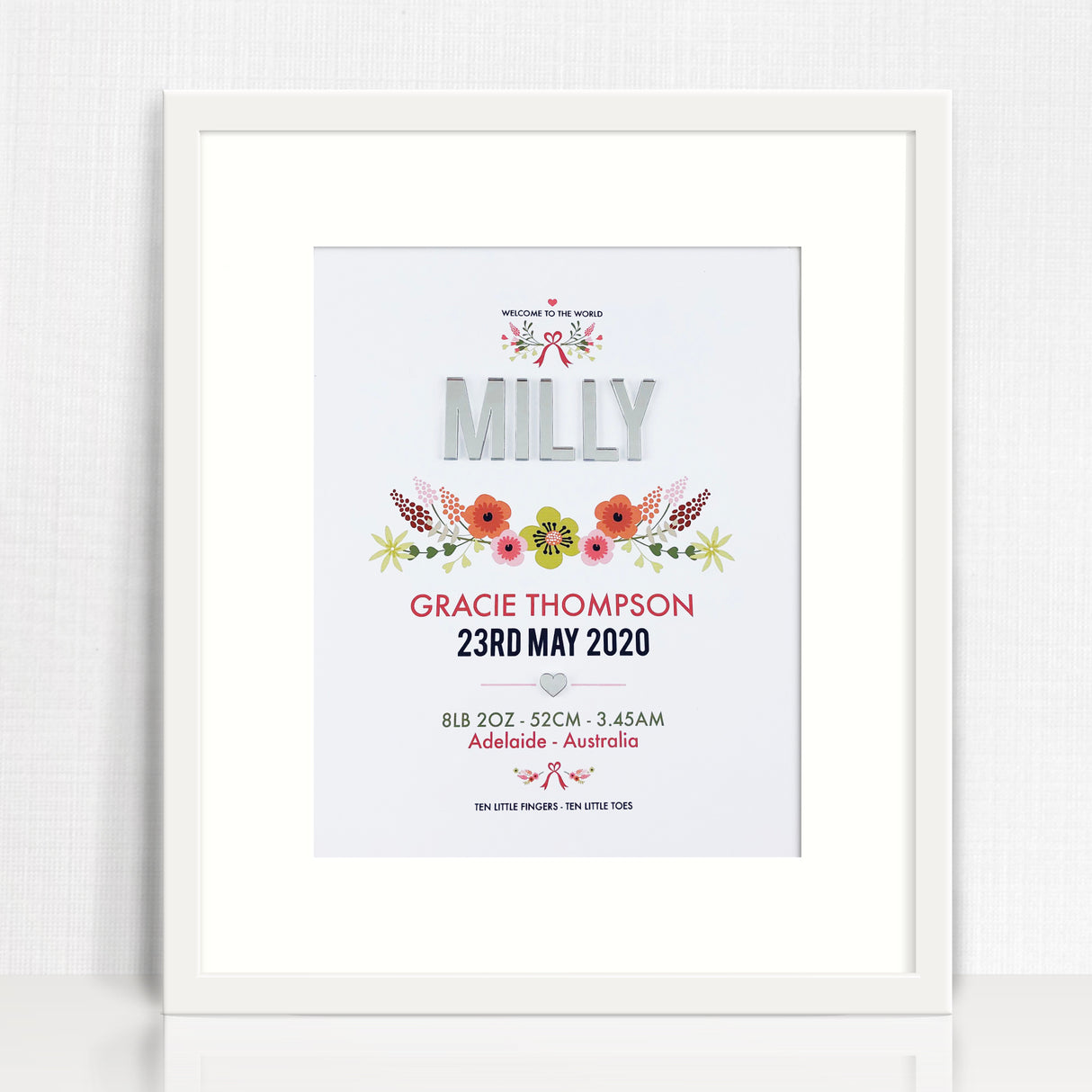 Mirror (Silver) Vintage Floral 3D Personalised Birth Print