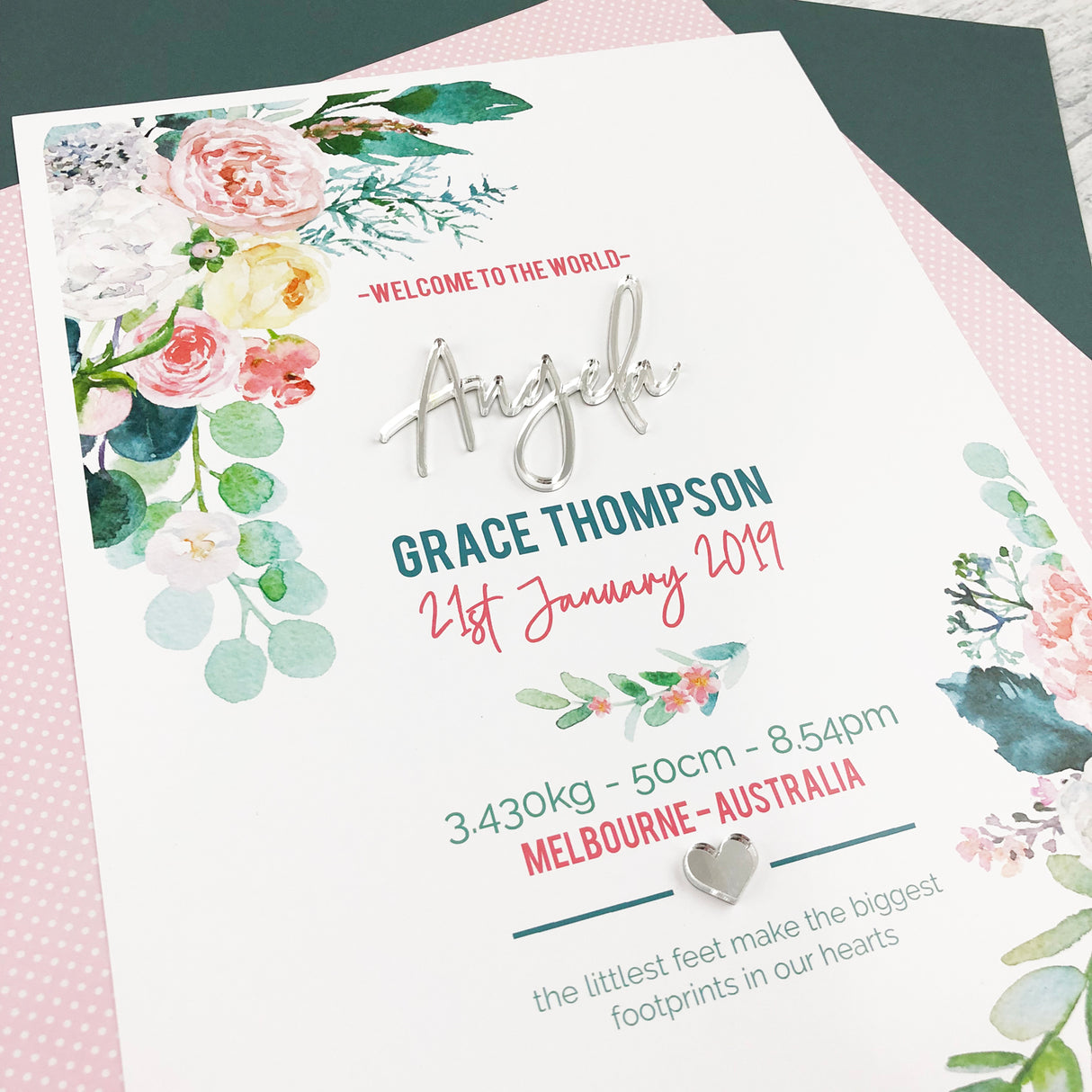 Mirror (Silver) Watercolour Blooms 3D Personalised Birth Print