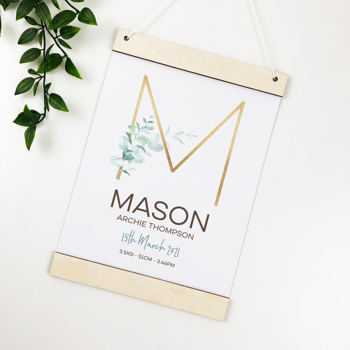 Slimline Initial Eucalyptus Wooden Hanger Birth Print