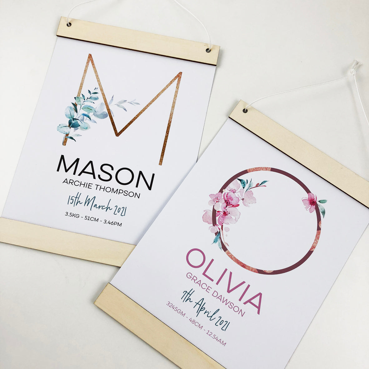 Slimline Initial Eucalyptus Wooden Hanger Birth Print