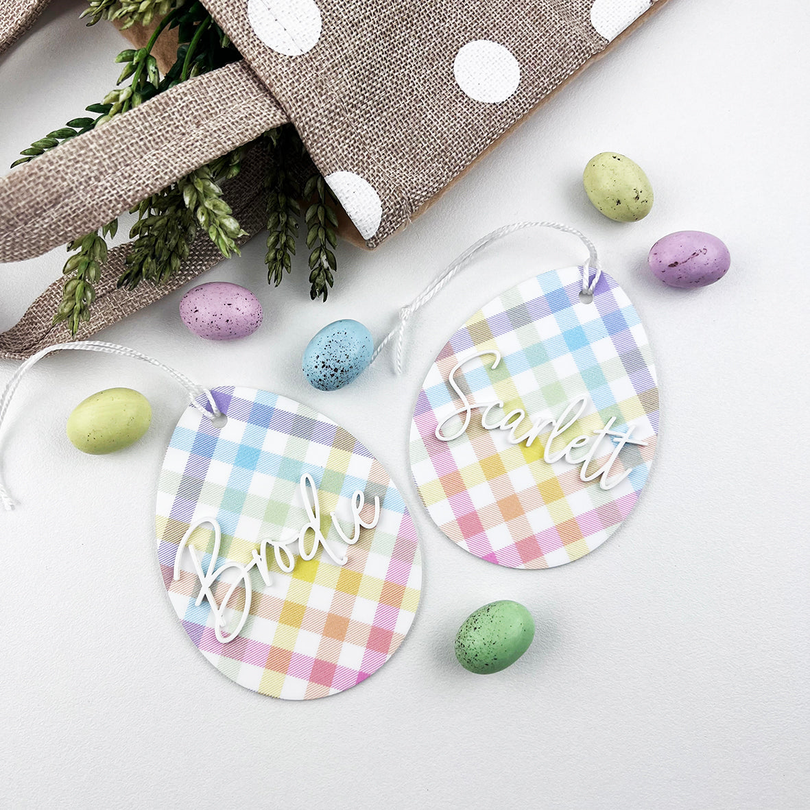Rainbow Tartan Easter Name Ornaments