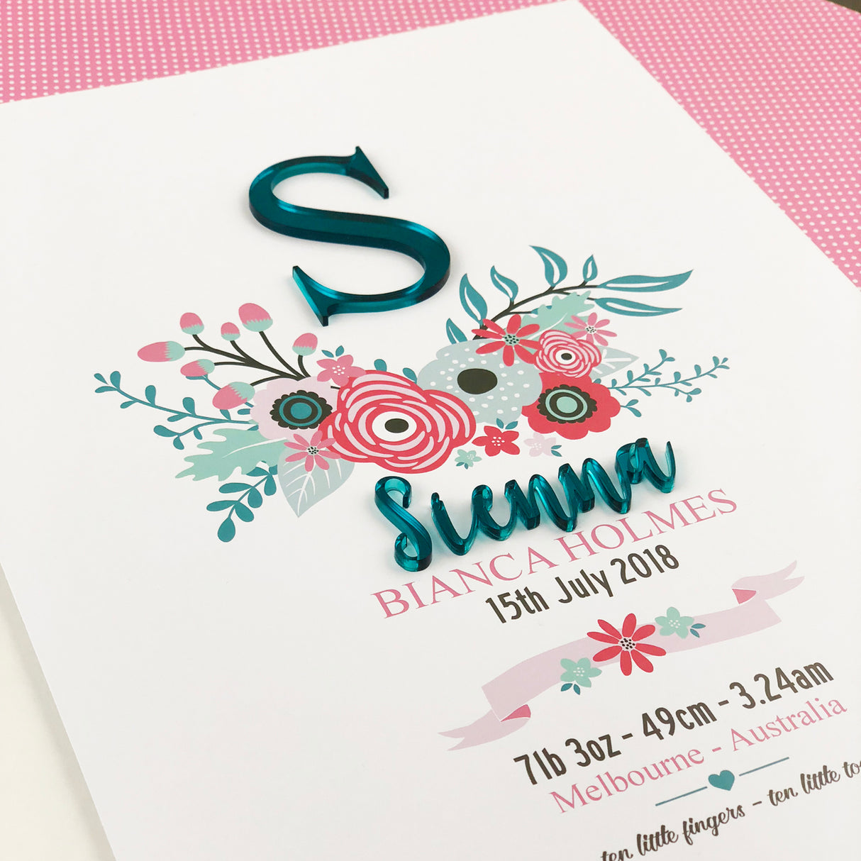 Mirror (Teal) Bright Flowers 3D Personalised Birth Print