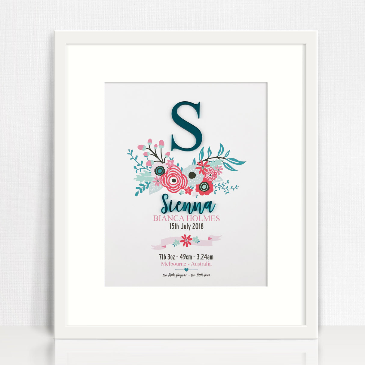 Mirror (Teal) Bright Flowers 3D Personalised Birth Print