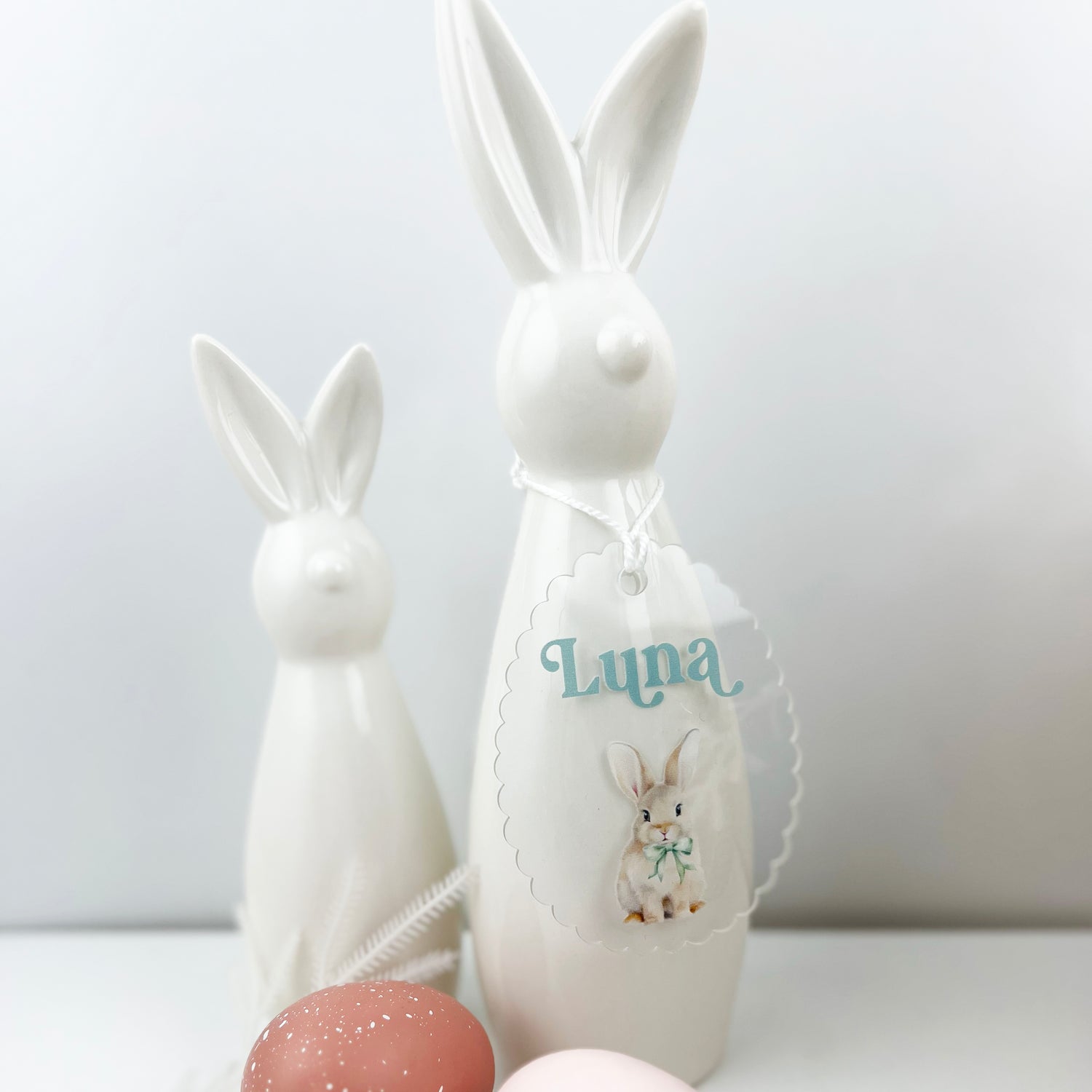 Scalloped Bow Tie Bunny Clear Name Tag (8 colour options)