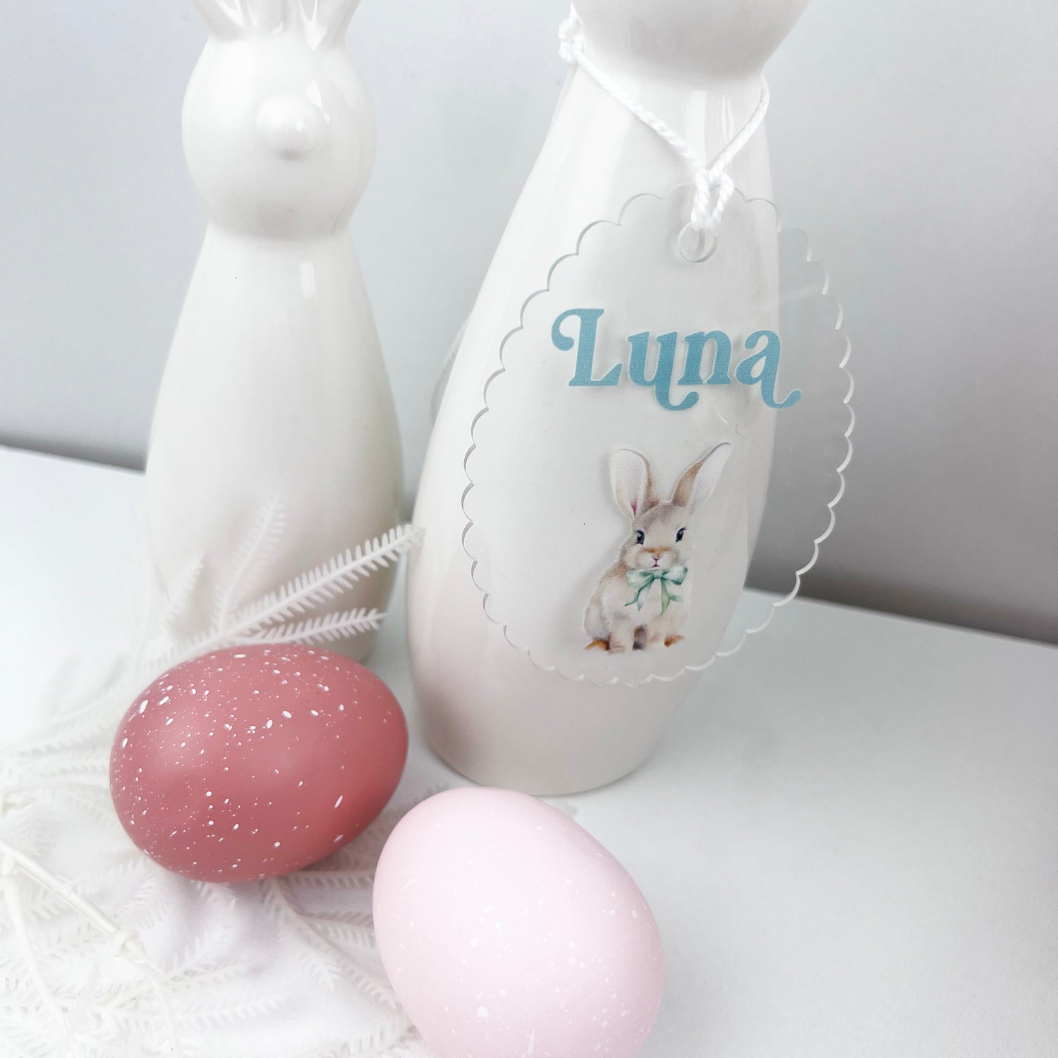 Scalloped Bow Tie Bunny Clear Name Tag (8 colour options)