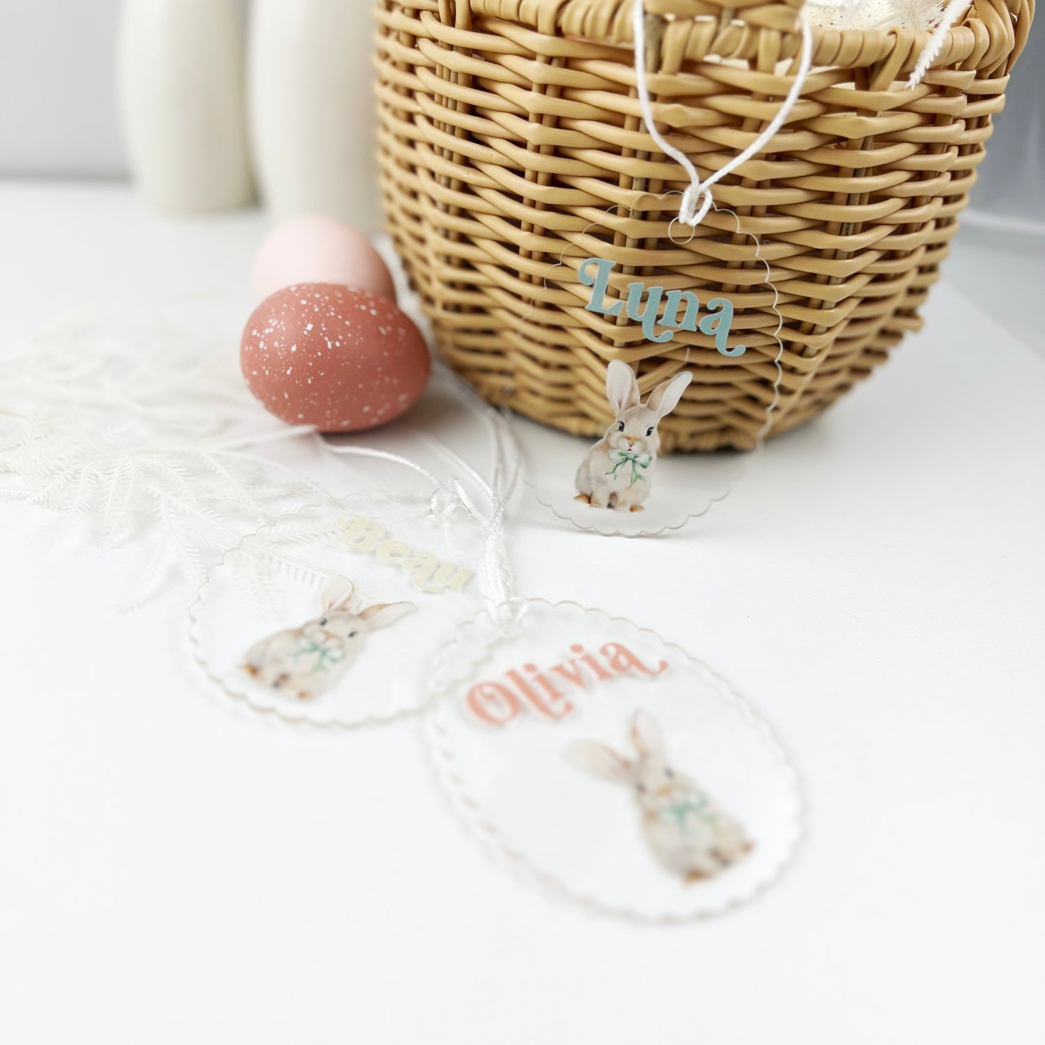 Scalloped Bow Tie Bunny Clear Name Tag (8 colour options)