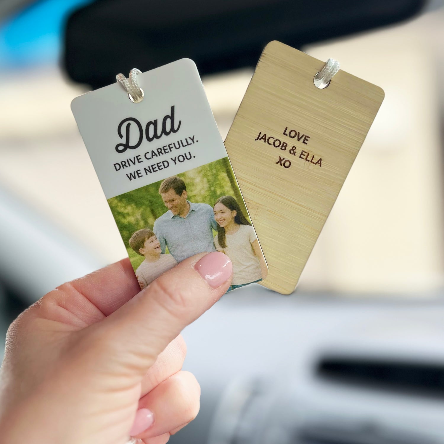 Double Sided Personalised Photo Car Mirror Tag