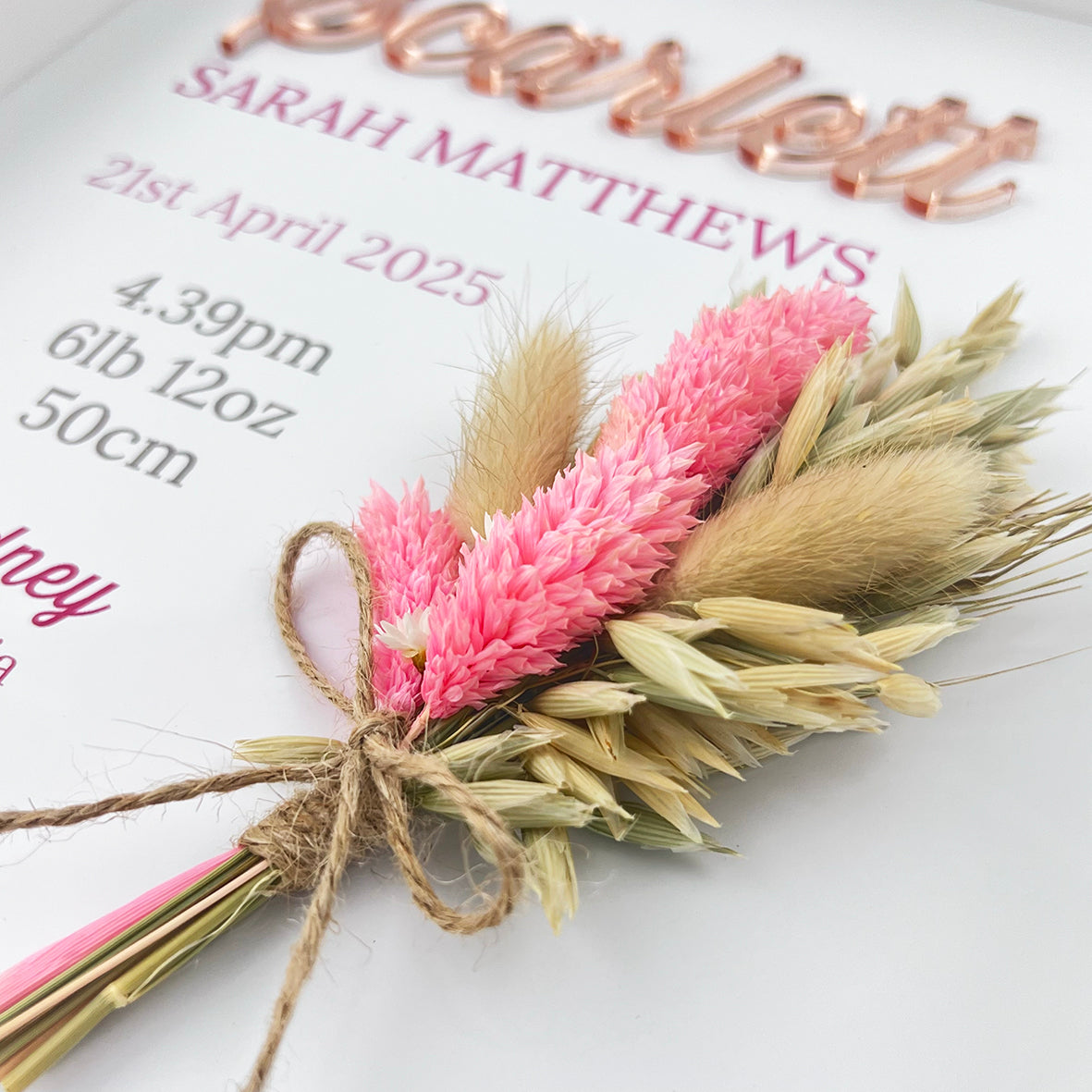 Mirror Pink/Beige Dried Flower Bouquet 3D Personalised Birth Print