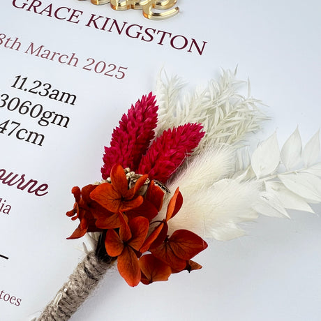 Mirror Red/Rust Dried Flower Bouquet 3D Personalised Birth Print