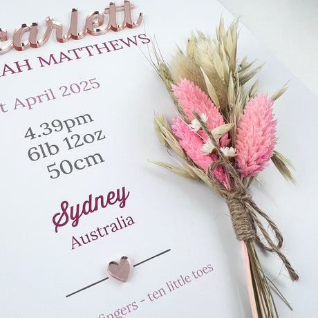 Mirror Pink/Beige Dried Flower Bouquet 3D Personalised Birth Print
